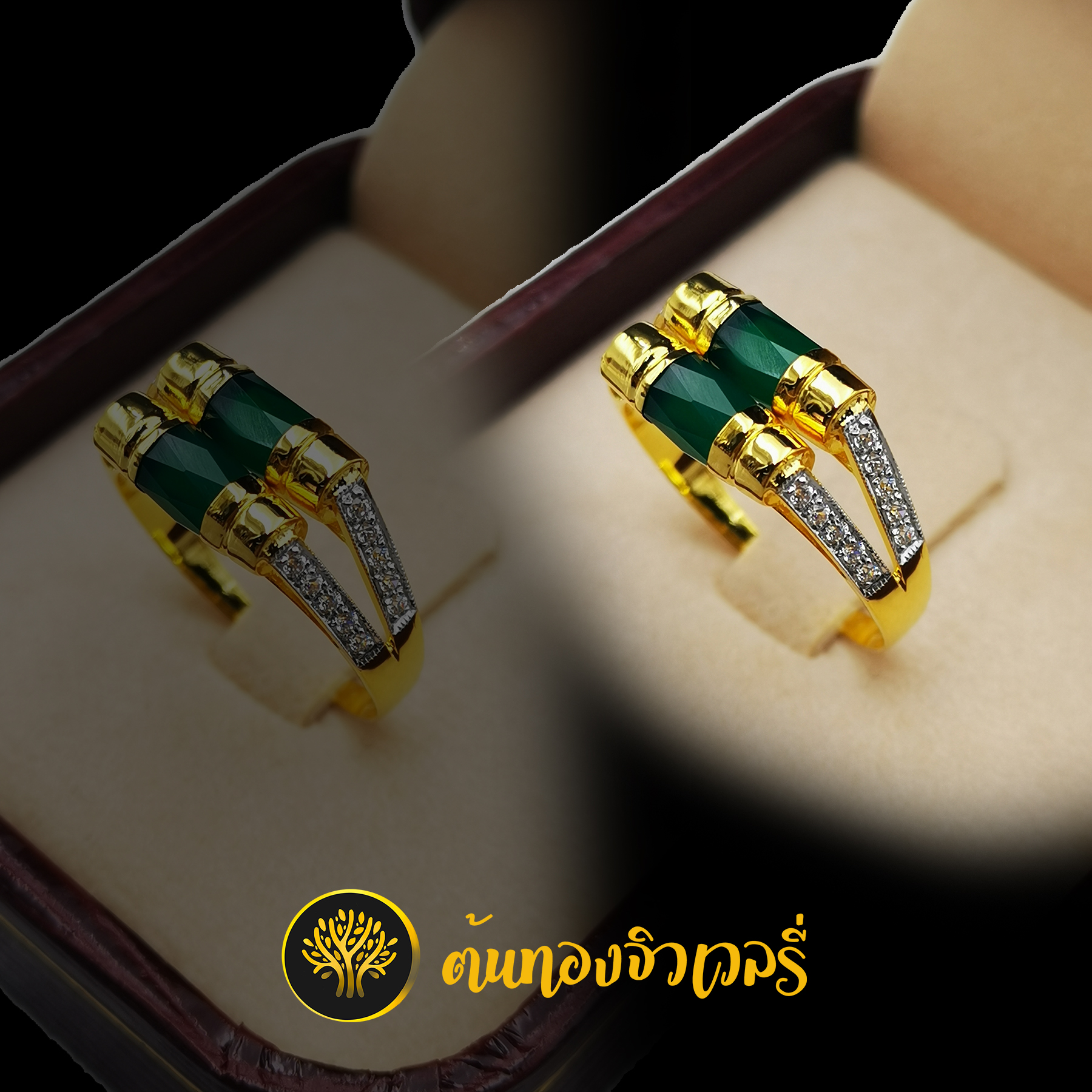 แหวนโมรา2เม็ด ก้านแยกฝังเพชร สีเขียวเหนี่ยวทรัพย์ สวยจับใจแน่นอนครับ 