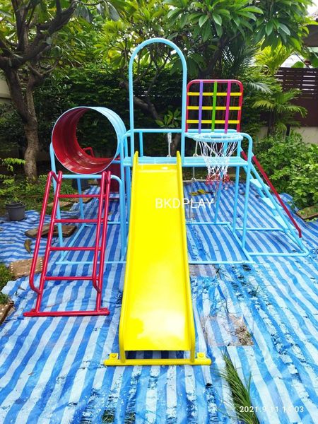 เครื่องเล่นสนามชุดรวมD ประกอบด้วยสไลเดอร์ปีนป่ายแป้นบาสและถังลอด, เครื่องเล่นสนามกลางแจ้ง , เครื่องเล่นสนามเหล็ก, ของเล่น, OutdoorPlayground,สนามเด็กเล่น,เครื่องเล่นงบสพฐ.ประชารัฐ ราคาโรงงาน