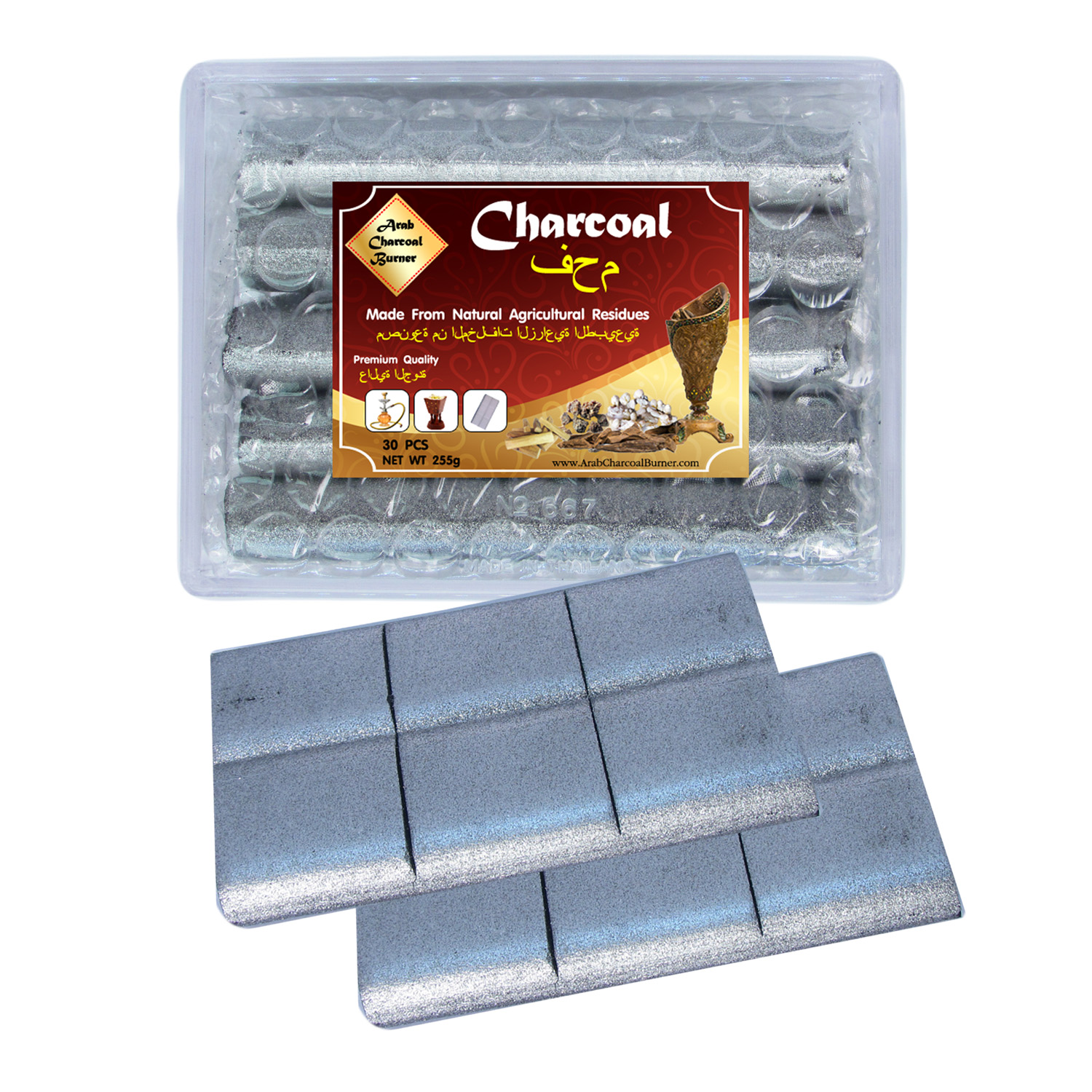 Arab Charcoal Burner ถ่าน ถ่านเผา ถ่านไม้ ถ่านพิเศษ ถ่านชาโคล สำหรับจุดไฟเผา ชิช่า บารากุ ทำจากธรรมชาติ 100% ไร้กลิ่น ไร้ควัน ไม่มีประกายไฟ ปลอดภัย ไร้สารเคมี จุดนานถึง 4-5 ชมต่อชิ้น - 1 กิโลกรัม