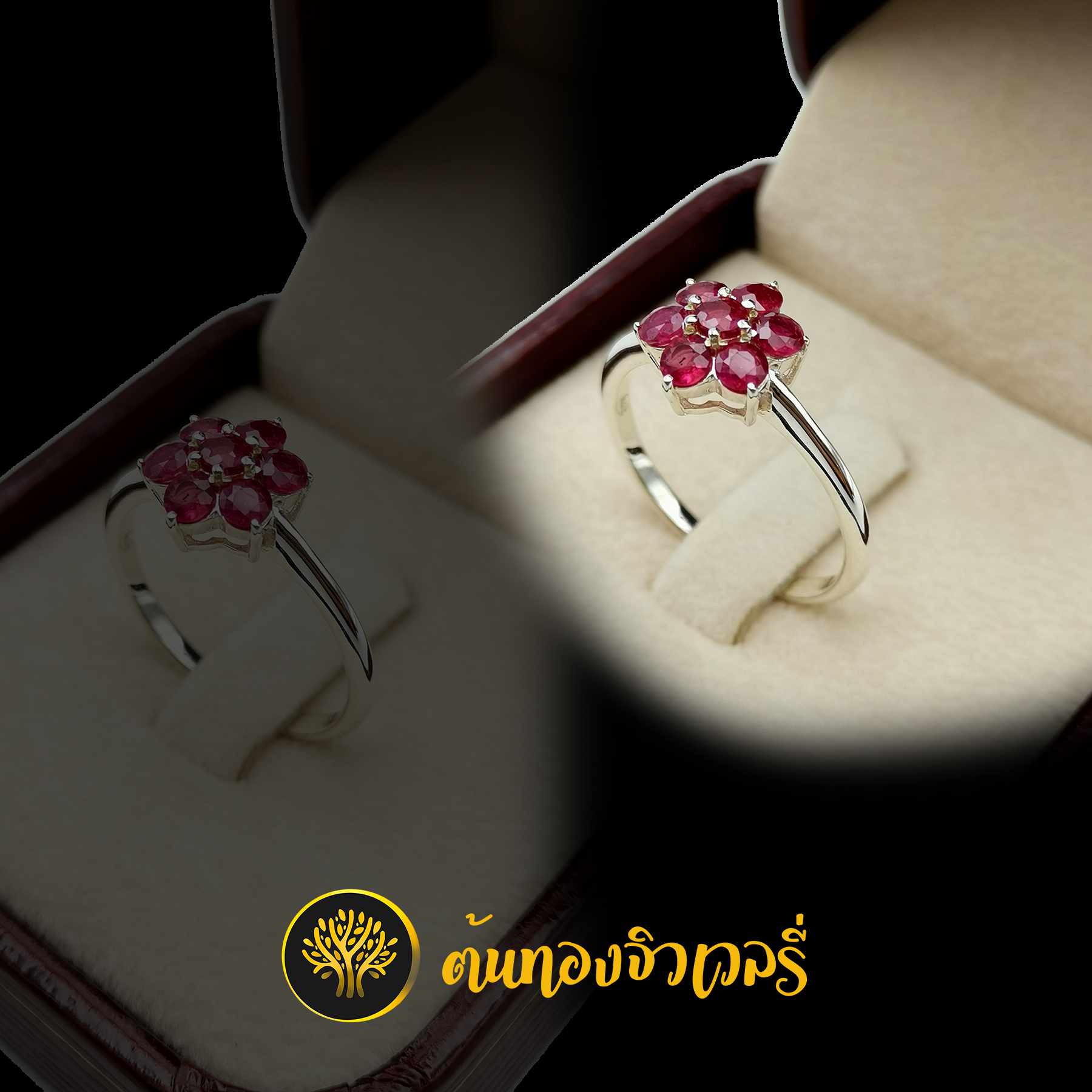 แหวนเงินพลอยทับทิม ฝังเป็นรูปดอกไม้ หน้าแหวนสวยๆเด่นๆด้วยพลอยทับทิม งานดีมากกก
