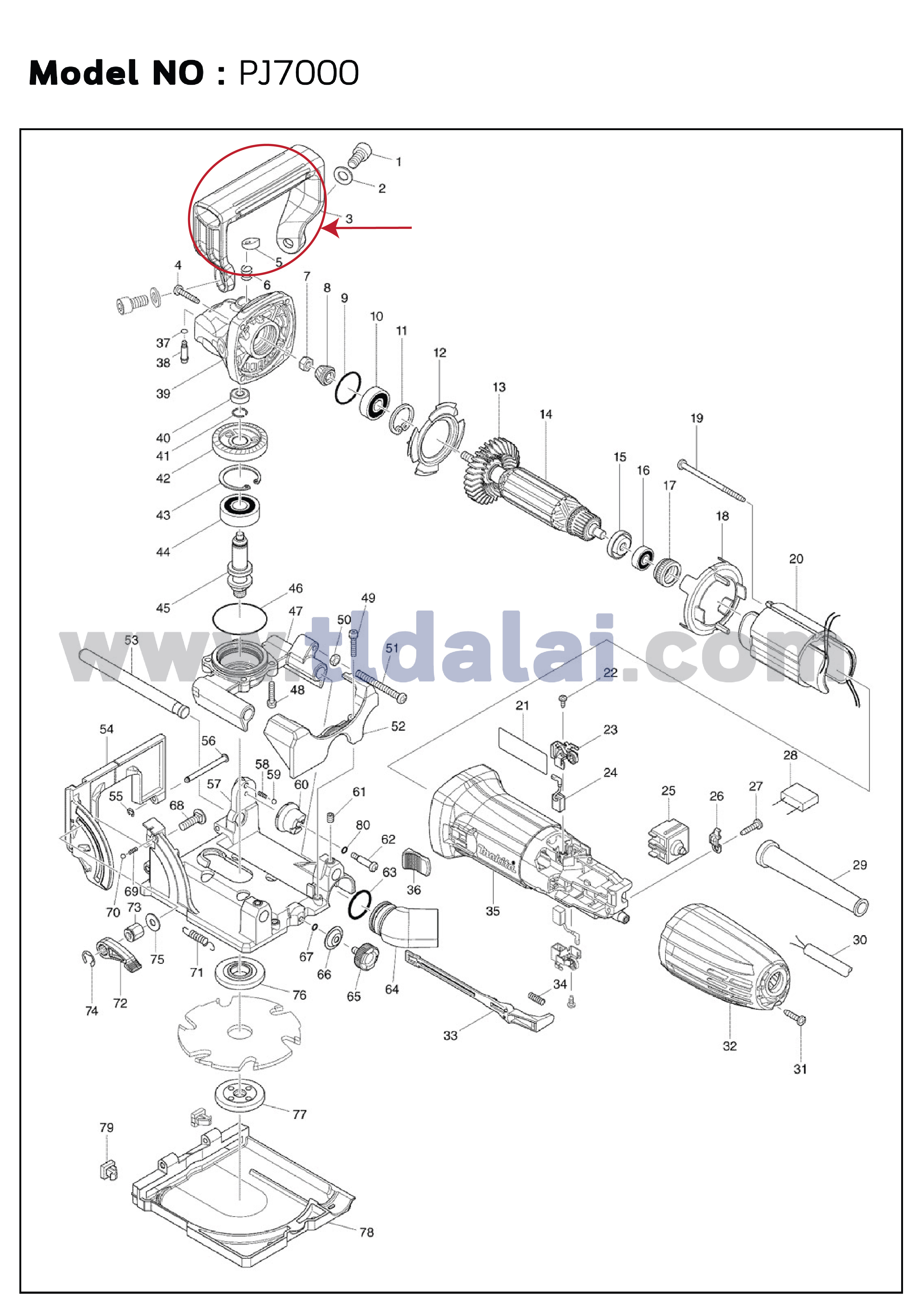 ด้ามจับ, ด้ามประคอง (แท้) เครื่องเซาะร่องไม้ Makita มากีต้า รุ่น PJ7000 #3 (453218-6) (อะไหล่แท้ 100%) GRIP