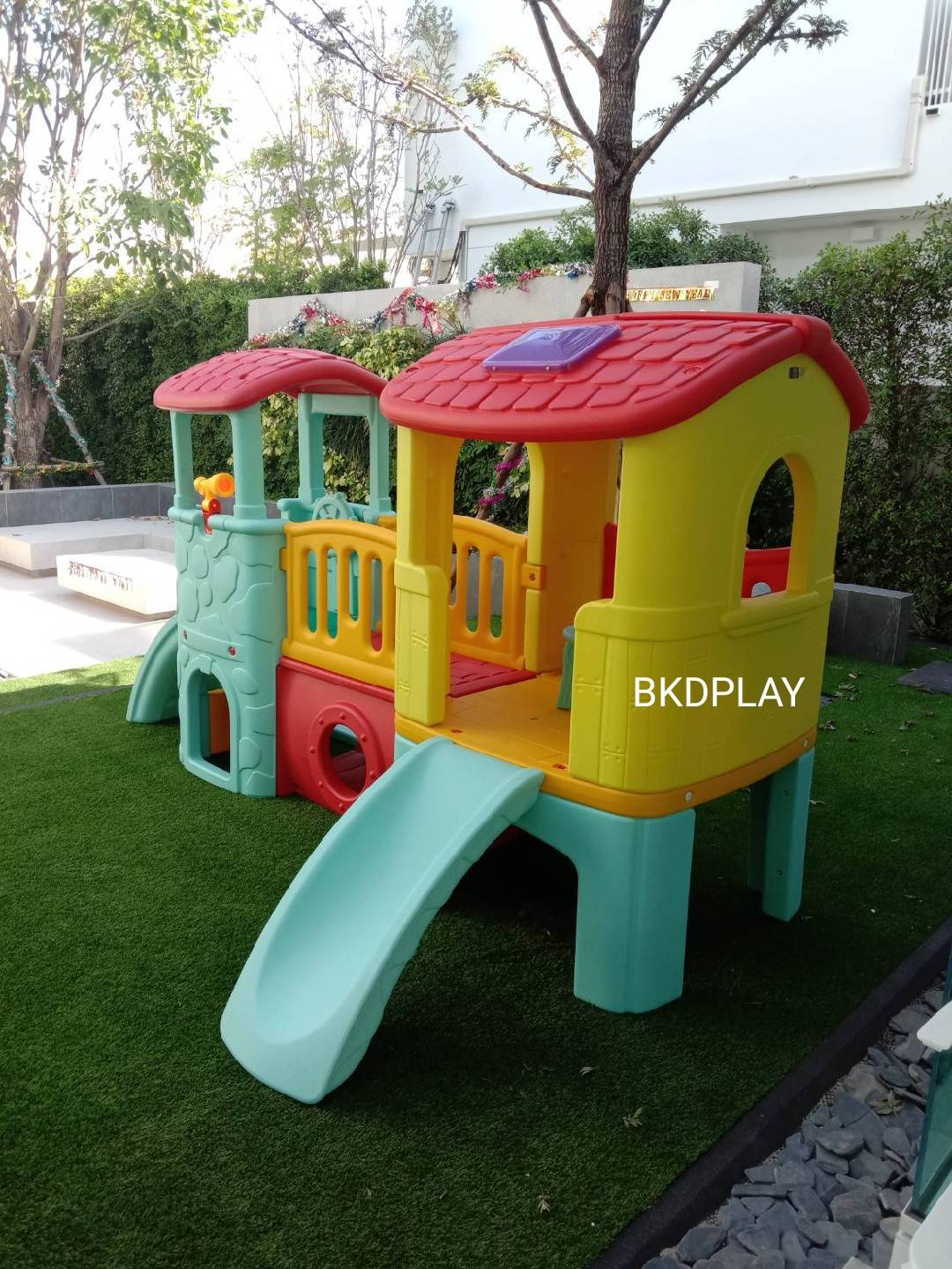 บ้านเด็กวินเทจ สีพาสเทล, สไลเดอร์พร้อมปีนป่าย บ้านสไลเดอร์ของเล่น บ้านน้อยสองชั้น กระดานลื่นพลาสติก,บ้านมีสไลเดอร์ , เครื่องเล่นสนาม พร้อมส่ง