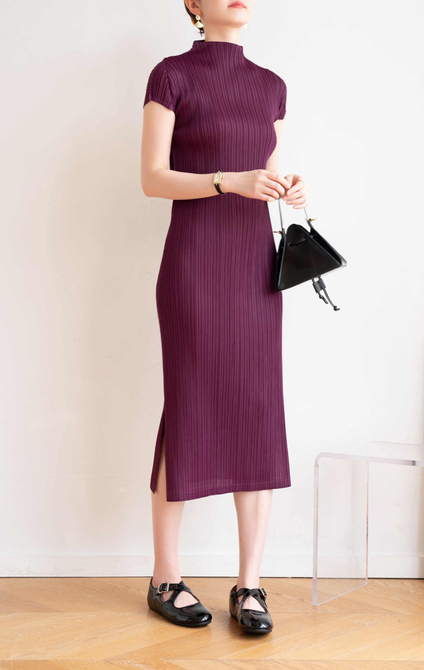2MUAY GJO7876 เดรสพลีทคุณภาพ HIGH NECK CAP SLEEVE PLEAT DRESS 10 สี FREE SIZE