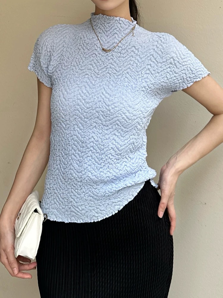 ปรับราคาลง20%!! 2MUAY GJO10308 เสื้ออัดพลีท HIGH NECK CRINKLE PLEATED TOP 6 สี FREE SIZE