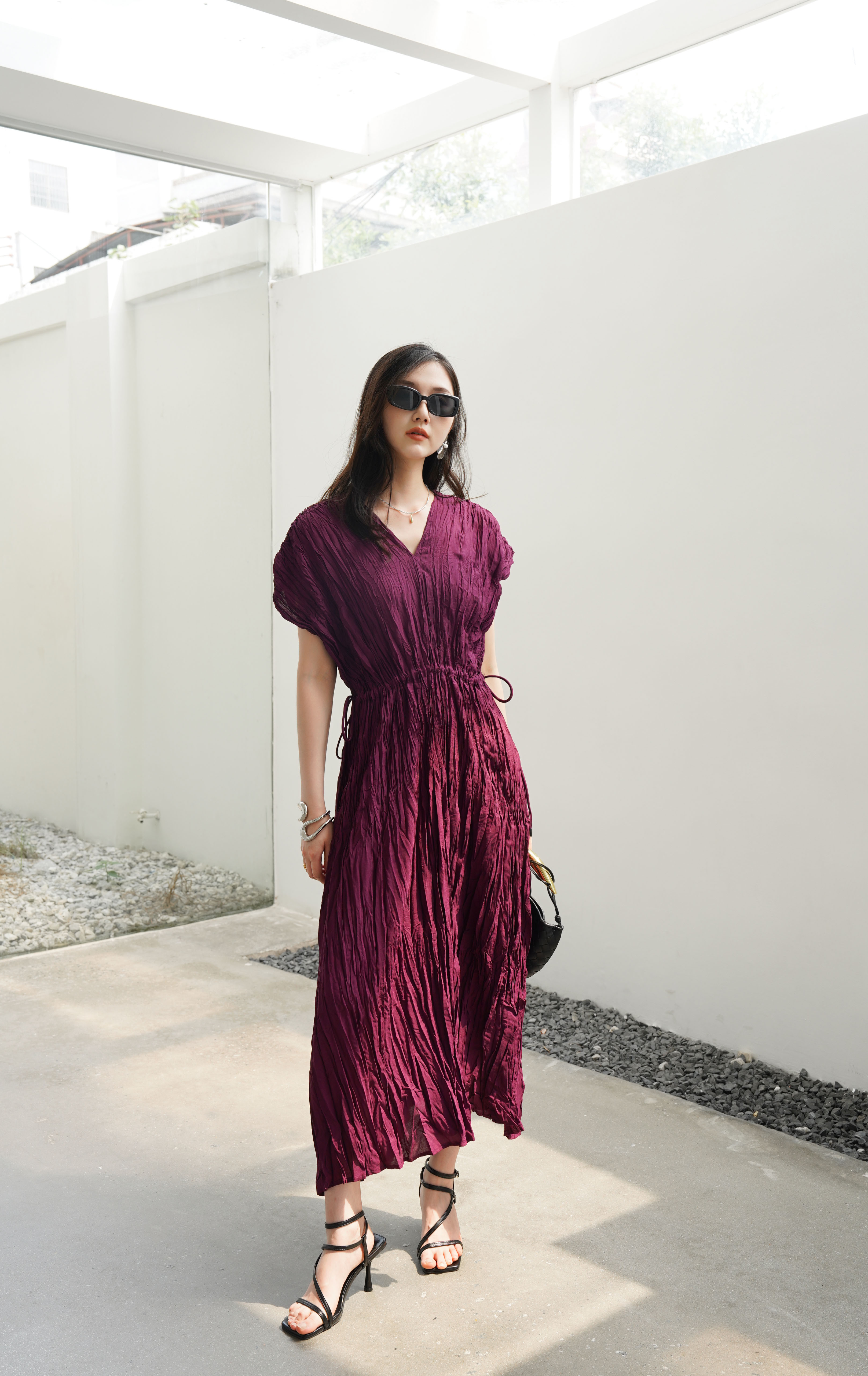 ปรับราคาลง20%!! 2MUAY รุ่น GJO3558 เดรสพลีทคุณภาพ V NECK WAIST TIE PLEATED DRESS 6 สี FREE SIZE