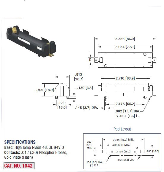 รางถ่าน 18650 battery box single section SMT patch battery holder SMD battery compartment