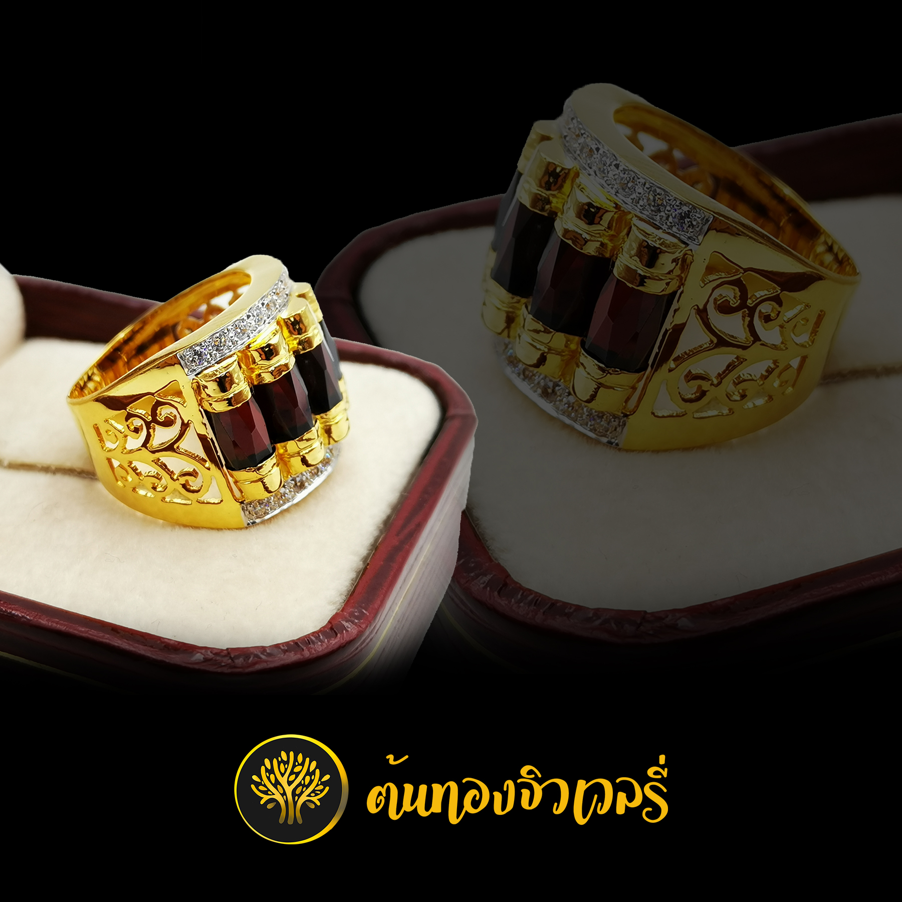แหวนโกเมนแถว ฝังเพชรบน-ล่าง ข้างฉลุลาย สวยแบบจัดเต็มไปเลยสิครับ