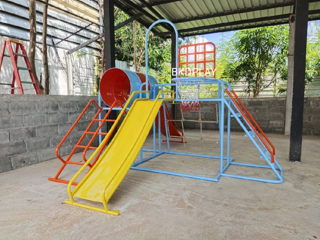 เครื่องเล่นสนามชุดรวมD ประกอบด้วยสไลเดอร์ปีนป่ายแป้นบาสและถังลอด, เครื่องเล่นสนามกลางแจ้ง , เครื่องเล่นสนามเหล็ก, ของเล่น, OutdoorPlayground,สนามเด็กเล่น,เครื่องเล่นงบสพฐ.ประชารัฐ ราคาโรงงาน