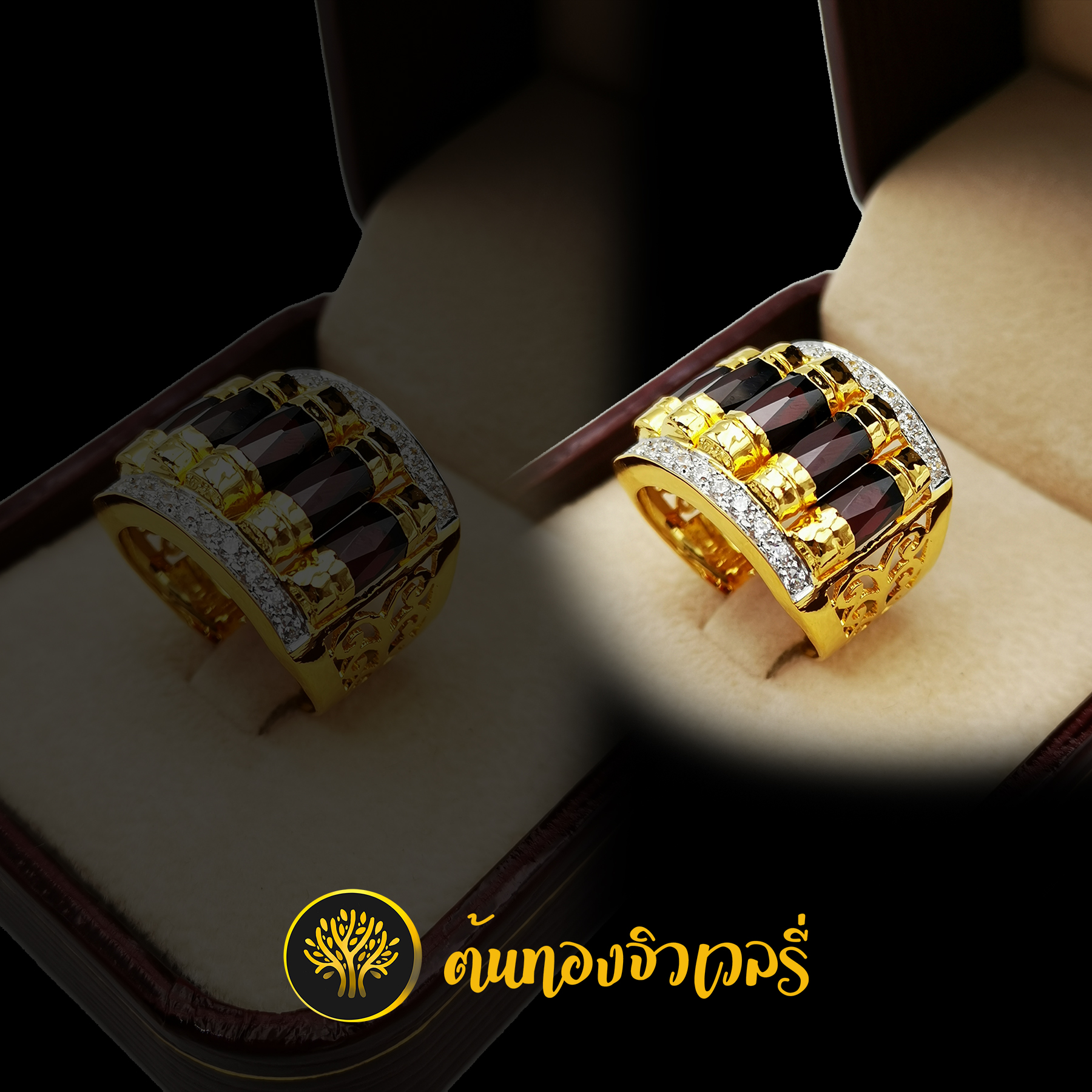 แหวนโกเมนแถว ฝังเพชรบน-ล่าง ข้างฉลุลาย สวยแบบจัดเต็มไปเลยสิครับ