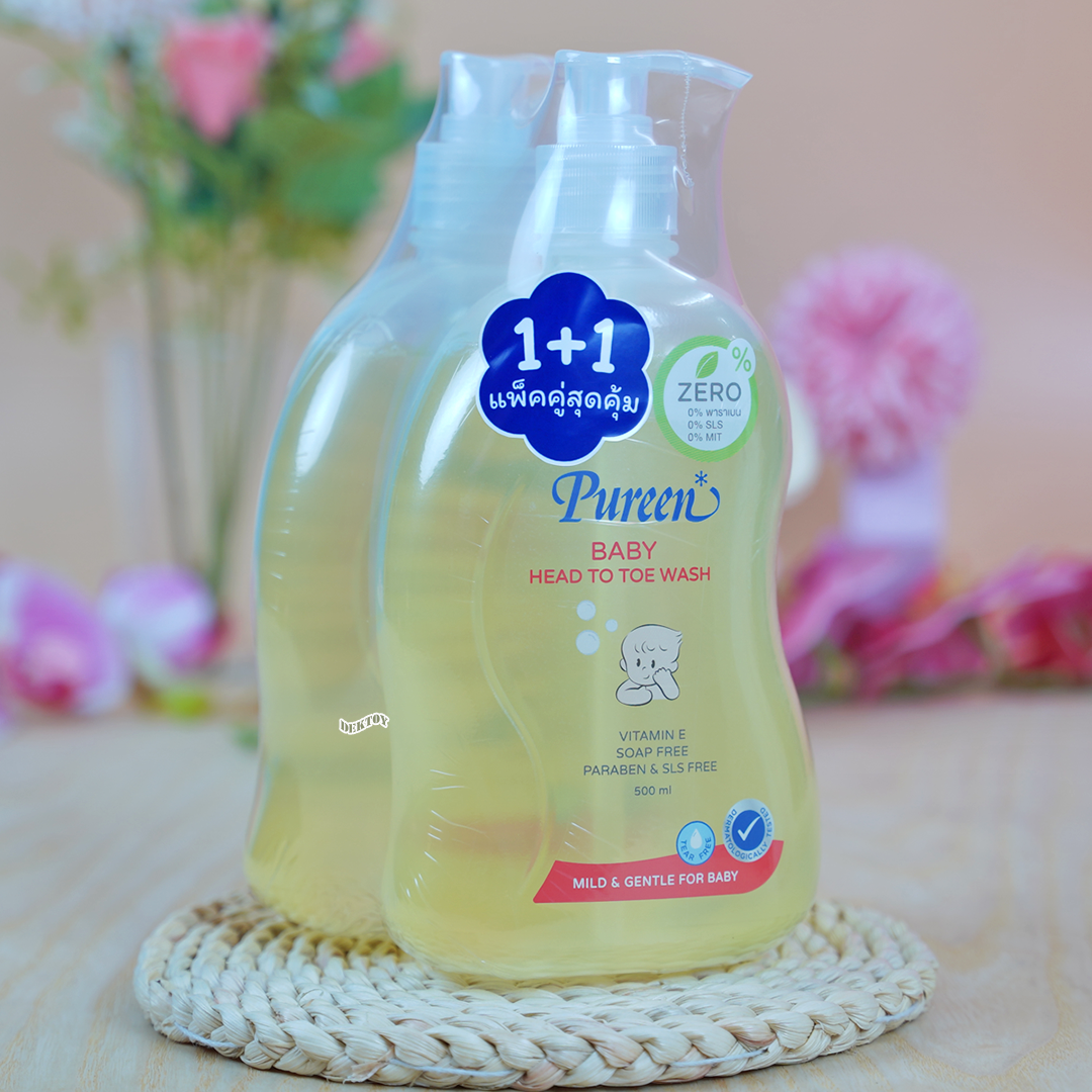 1 ฟรี 1 PUREEN เพียวรีน เบบี้ เฮดทูโทวอช สบู่เหลวเพียวรีนอาบและสระ 500 มล.หัวปั๊ม