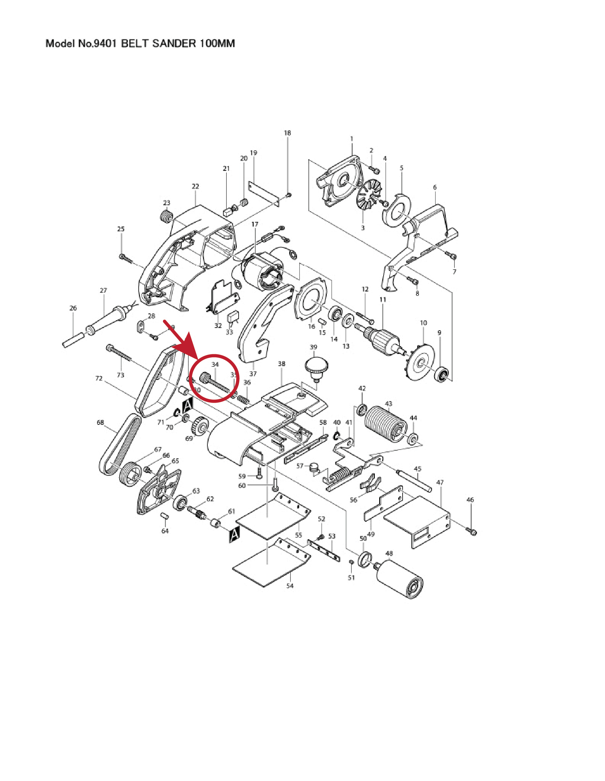น็อตยาว (แท้) เครื่องขัดสายพาน Makita มากีต้า รุ่น 9401 #34, 9402 #31 (251821-5) (อะไหล่แท้100%) น๊อตยาว 8X72