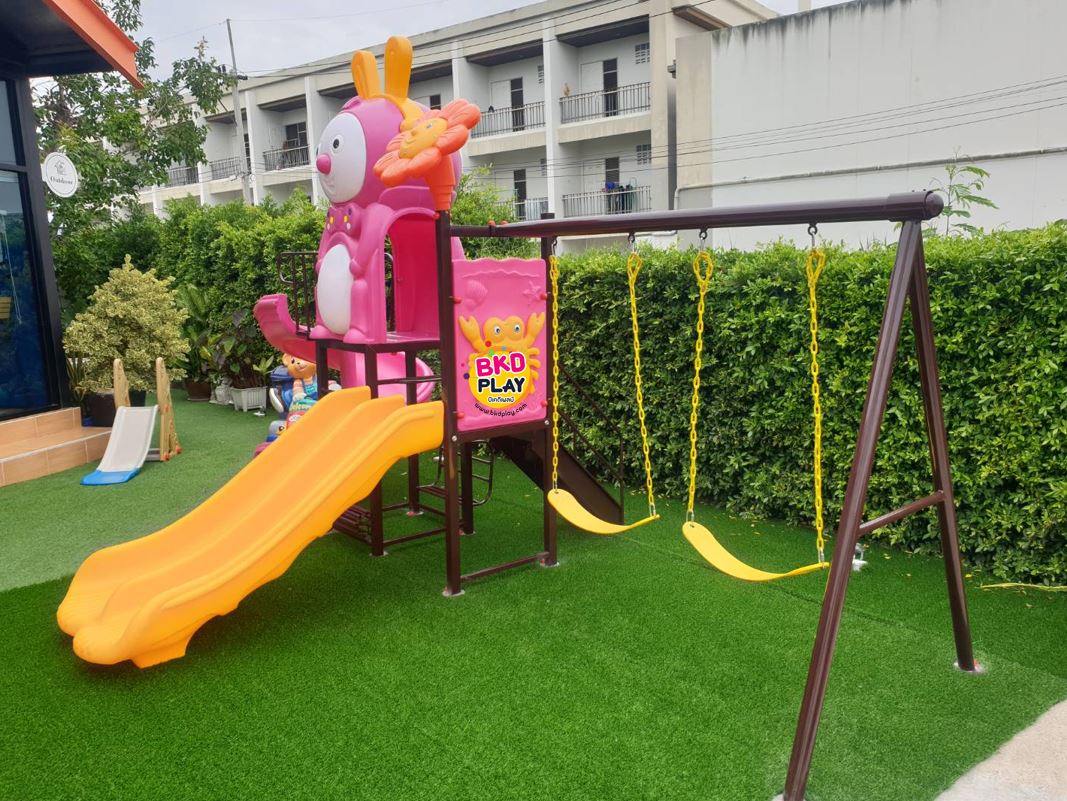 เครื่องเล่นสนาม กลางแจ้ง ในร่ม, ชุดแรปบิทกับดอกไม้ชมพู , กระดานลื่นใหญ่ ,ของเล่น,ครุภัณฑ์สนามเด็กเล่น, สพฐ,โครงการโรงเรียนประชารัฐ