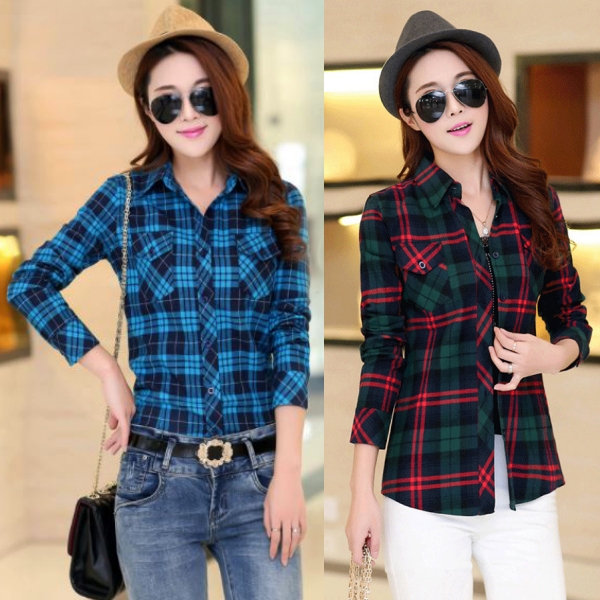 เสื้อเชิ้ตลายสก็อตแขนยาว แต่งกระเป๋าอก-11012