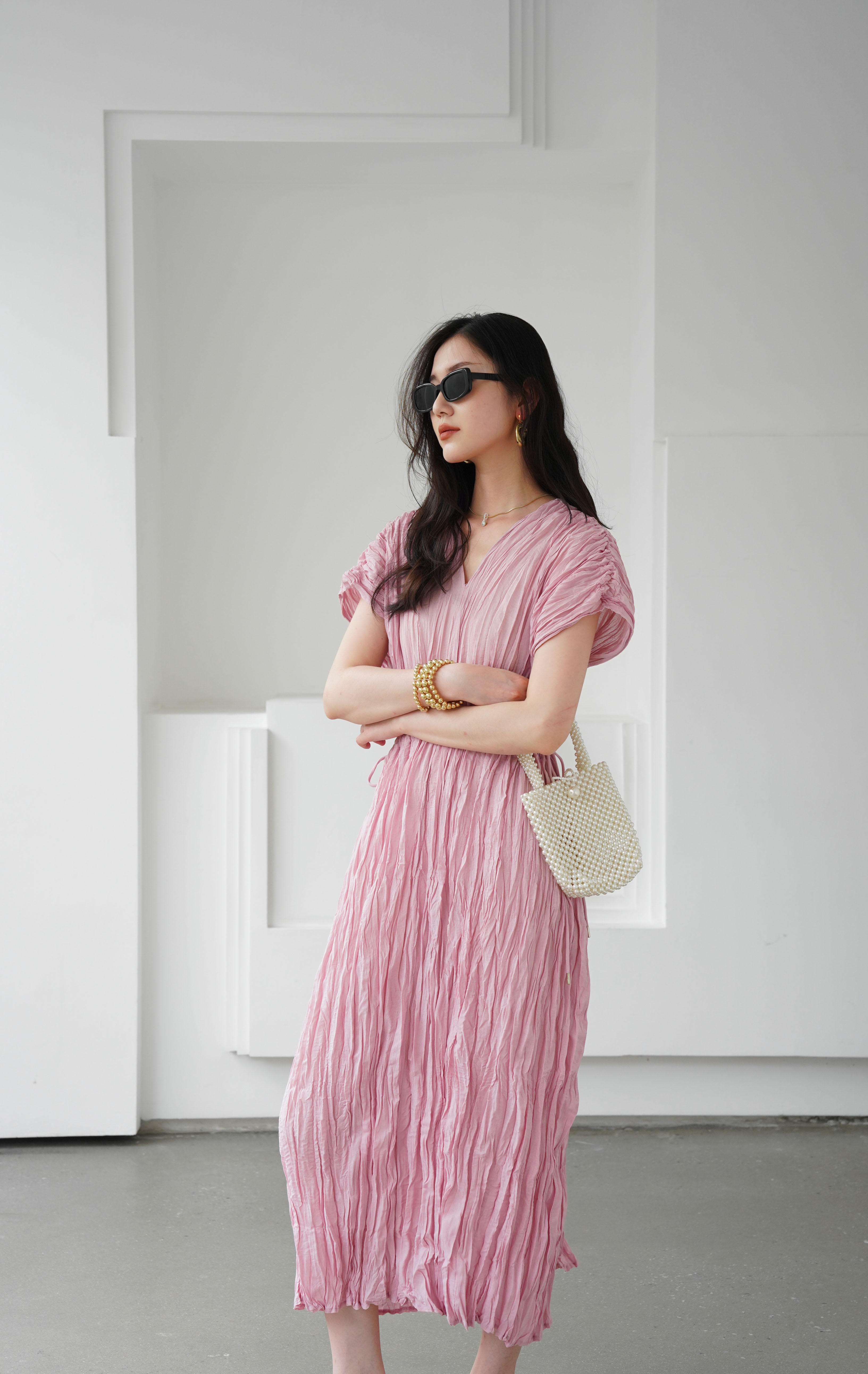 ปรับราคาลง20%!! 2MUAY รุ่น GJO3558 เดรสพลีทคุณภาพ V NECK WAIST TIE PLEATED DRESS 6 สี FREE SIZE