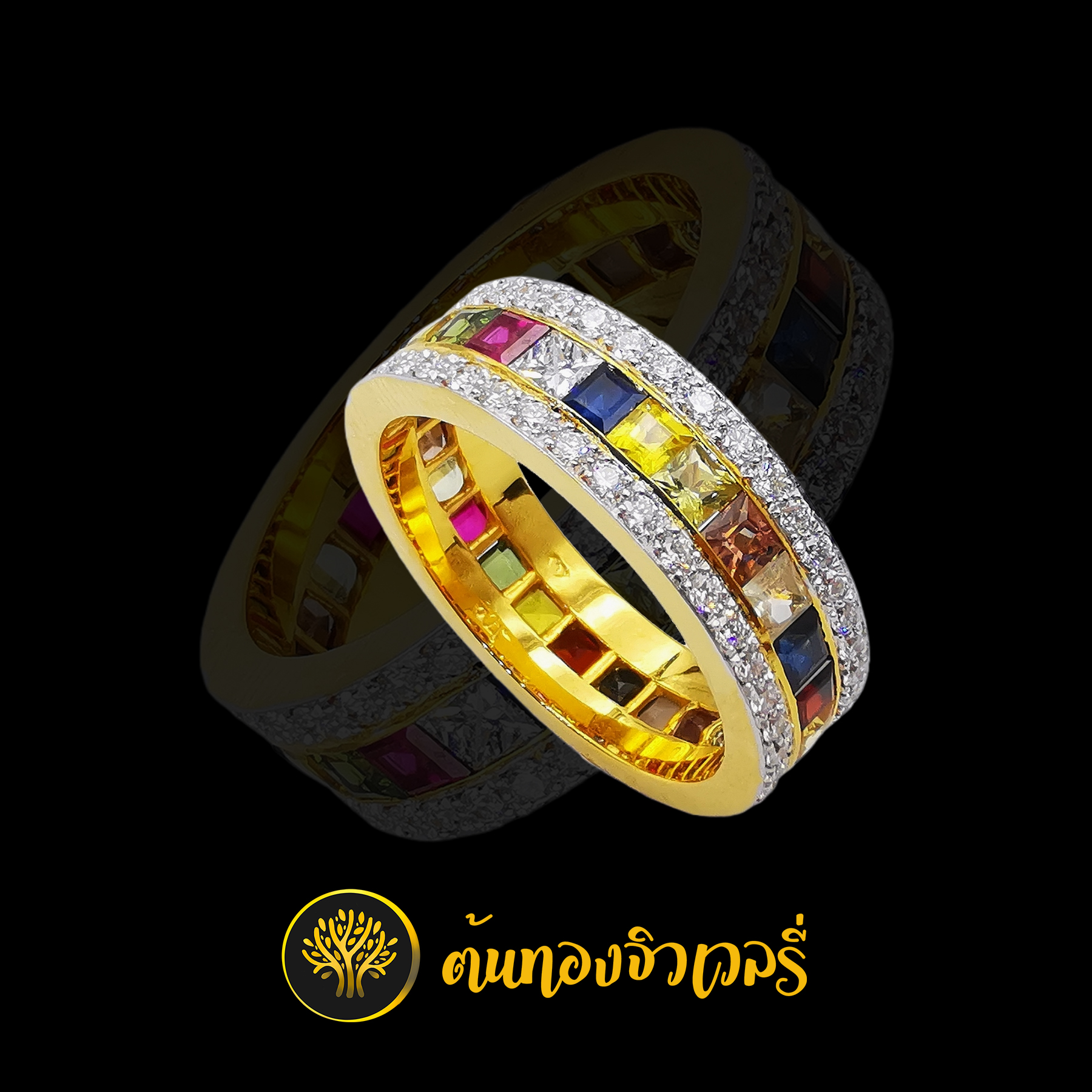 แหวนปลอกมีด พลอยนพเก้า เพชรล้อมรอบแหวน สีสันโดนใจใช่เลยครับ
