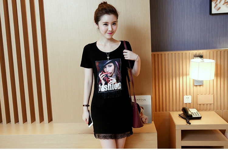 เดรสแฟชั่นเกาหลี ผ้าฝ้ายผสมคอตตอล พิมพ์ลายคมชัดด้านหน้า มี 2 สี