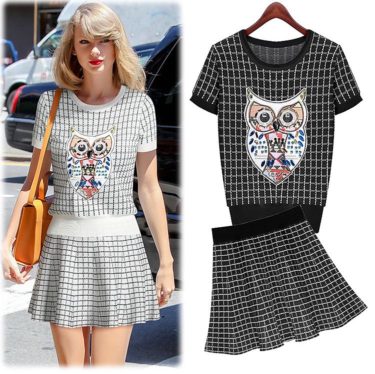 ชุดเสื้อคอกลมแขนสั้นคู่กระโปรงสั้น ผ้าลายตารางแต่งนกฮูก