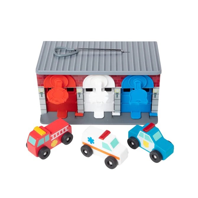 ชุดเล่นรถกู้ชีพ พร้อมโรงจอดรถ Melissa & Doug Keys & Cars Rescue Garage (Lock & Roll Fire Truck) รุ่น4607 ของเล่นเสริมพัฒนาการเด็ก
