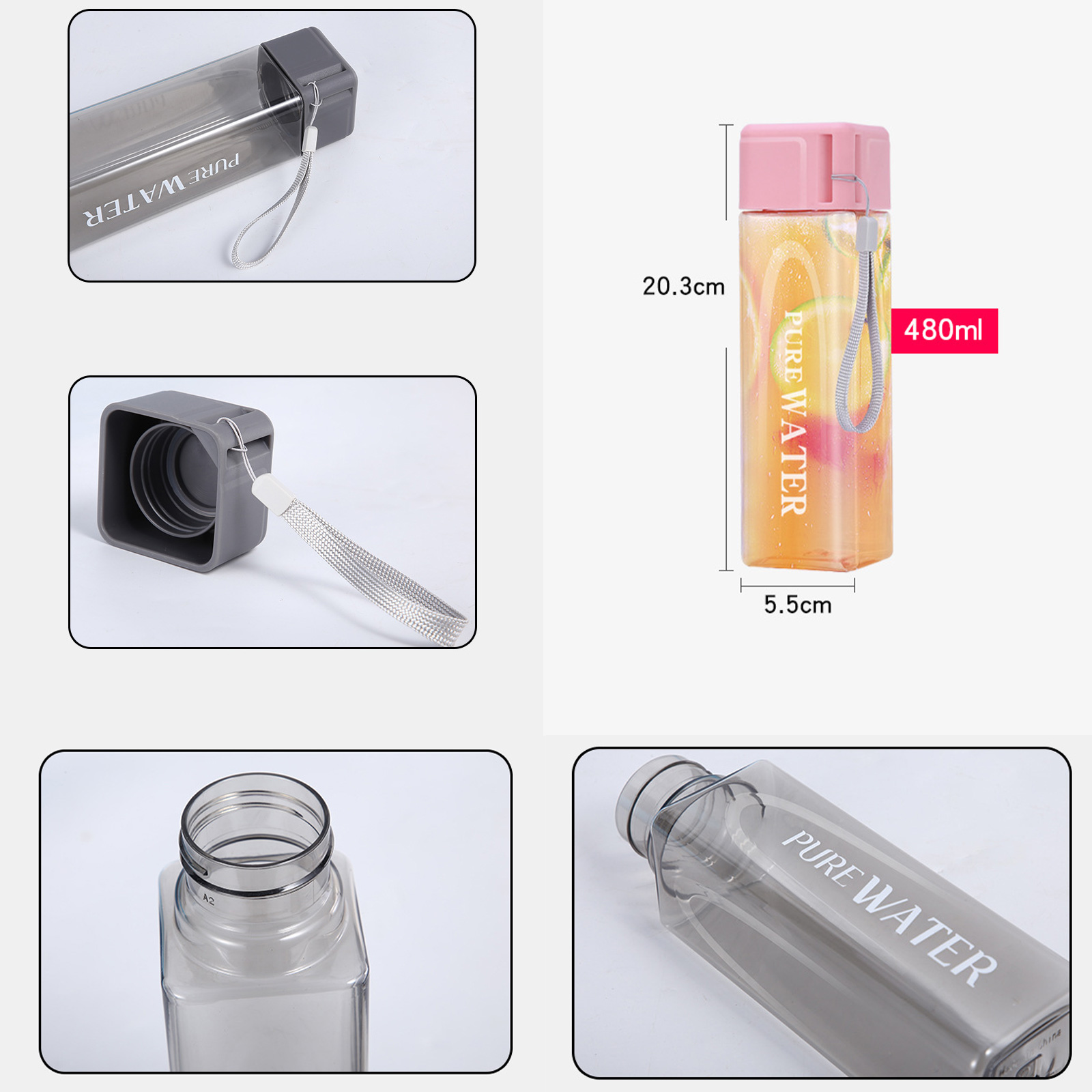 กระบอกน้ำพกพา ทรงสี่เหลี่ยม ขนาด480ml พลาสติก สายเชือก ไม่แตกง่าย มีให้เลือกหลายสี