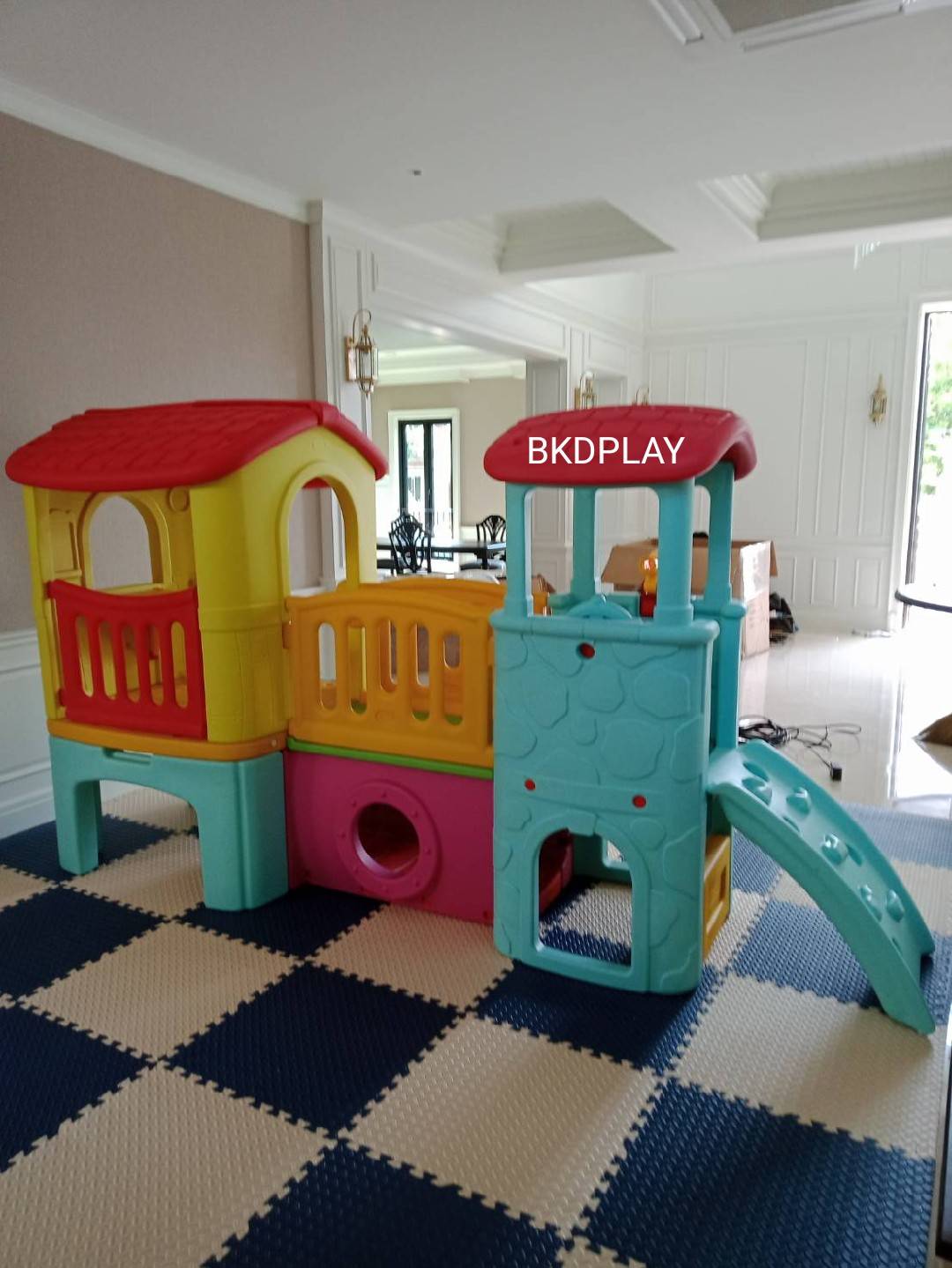 บ้านเด็กวินเทจ สีพาสเทล, สไลเดอร์พร้อมปีนป่าย บ้านสไลเดอร์ของเล่น บ้านน้อยสองชั้น กระดานลื่นพลาสติก,บ้านมีสไลเดอร์ , เครื่องเล่นสนาม พร้อมส่ง