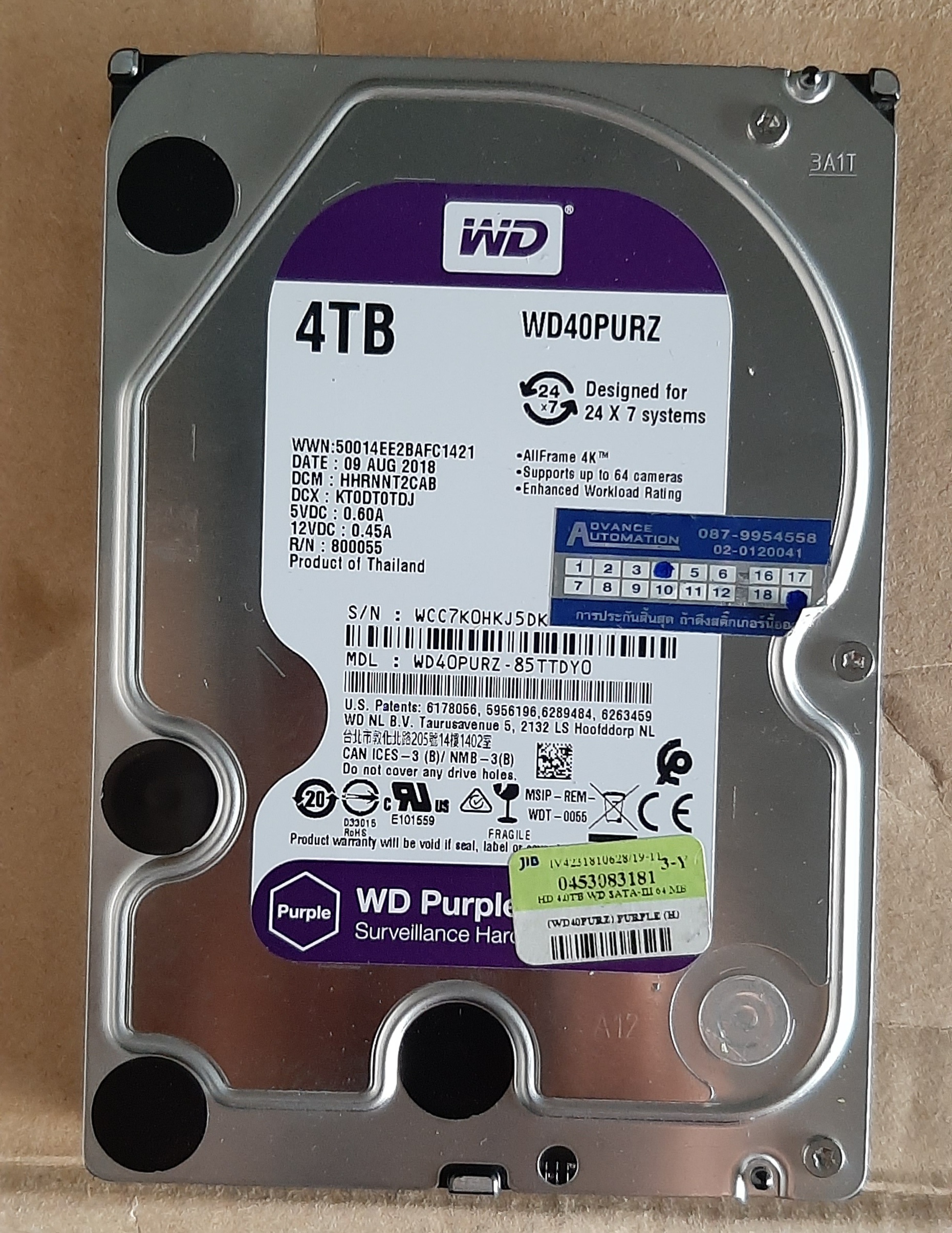 HDD ของมือสอง ประกันร้าน 1 เดือน WD Purple 4TB SATA 3.5 6Gbps 7200RPM"
