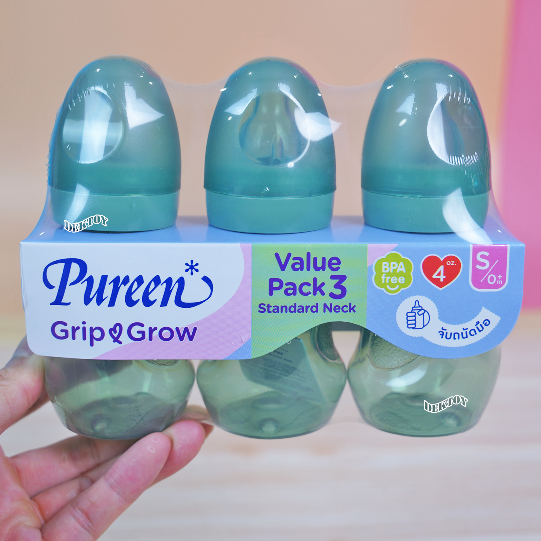 Pureen ขวดนมเพียวรีนจับถนัดมือ PPคอมาตรฐานแพ็ค3ขวดจุกนุ่มAnti-colic Grip grow