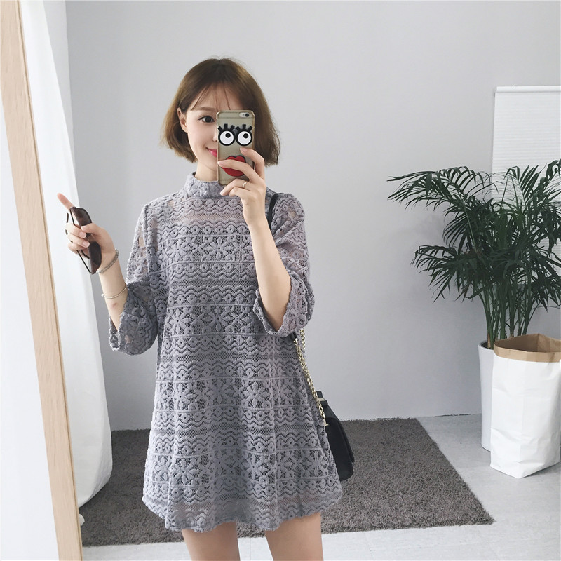 ชุดเดรสลูกไม้คอปิด ซิปซ่อนด้านหลัง ลายลูกไม้ตามแบบ มี 3 สี ดำ/เทา/ขาว