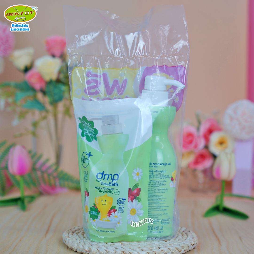 DMP ดีเอ็มพี สบู่เหลวออร์แกนิค โรส ฮิป คาโมมายล์ ถนอมผิวนุ่ม ผมลื่น ไม่พันกัน สีเขียว 480 + 250 มล.