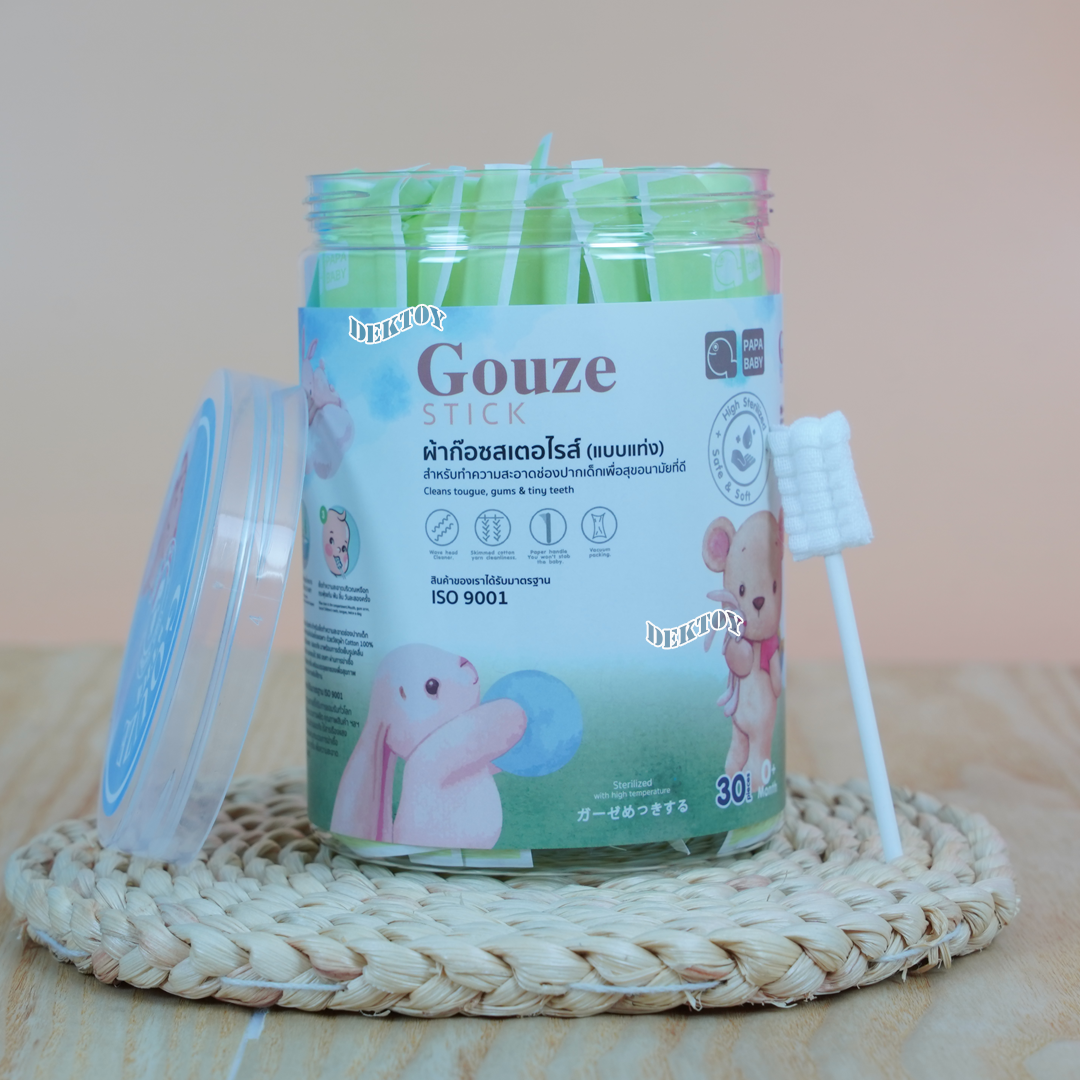 Papa baby ผ้าก๊อซเช็ดลิ้นทารก ผ้าก๊อซพันไม้สเตอไรส์ หัวแบน (1กระปุก บรรจุ 30 ชิ้น)