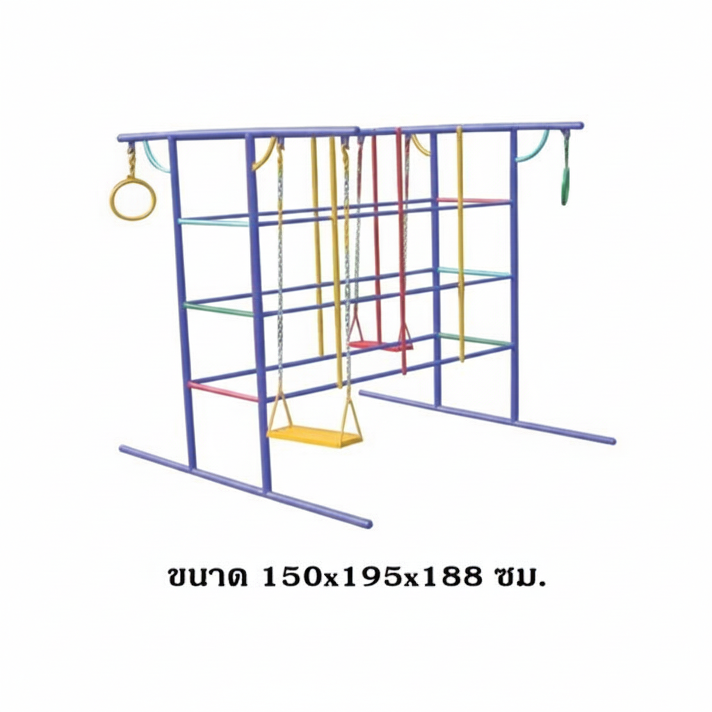 ชุดรวมM เครื่องเล่นสนามกลางแจ้ง เครื่องเล่นสนามแบบเหล็ก ประกอบด้วยชิงช้าปีนป่ายบาร์โหน OutdoorPlayground,ผลิตเครื่องเล่นสนาม,สนามเด็กเล่น,เครื่องเล่นงบสพฐ.ประชารัฐ ราคาโรงงาน ขนาด 150x195x188 ซม.