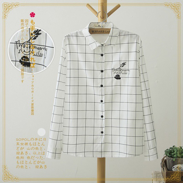 [SALE] เสื้อเชิ้ตแขนยาว ผ้าทอนิ่มลายตาราง แต่งปักลายน่ารัก-12143