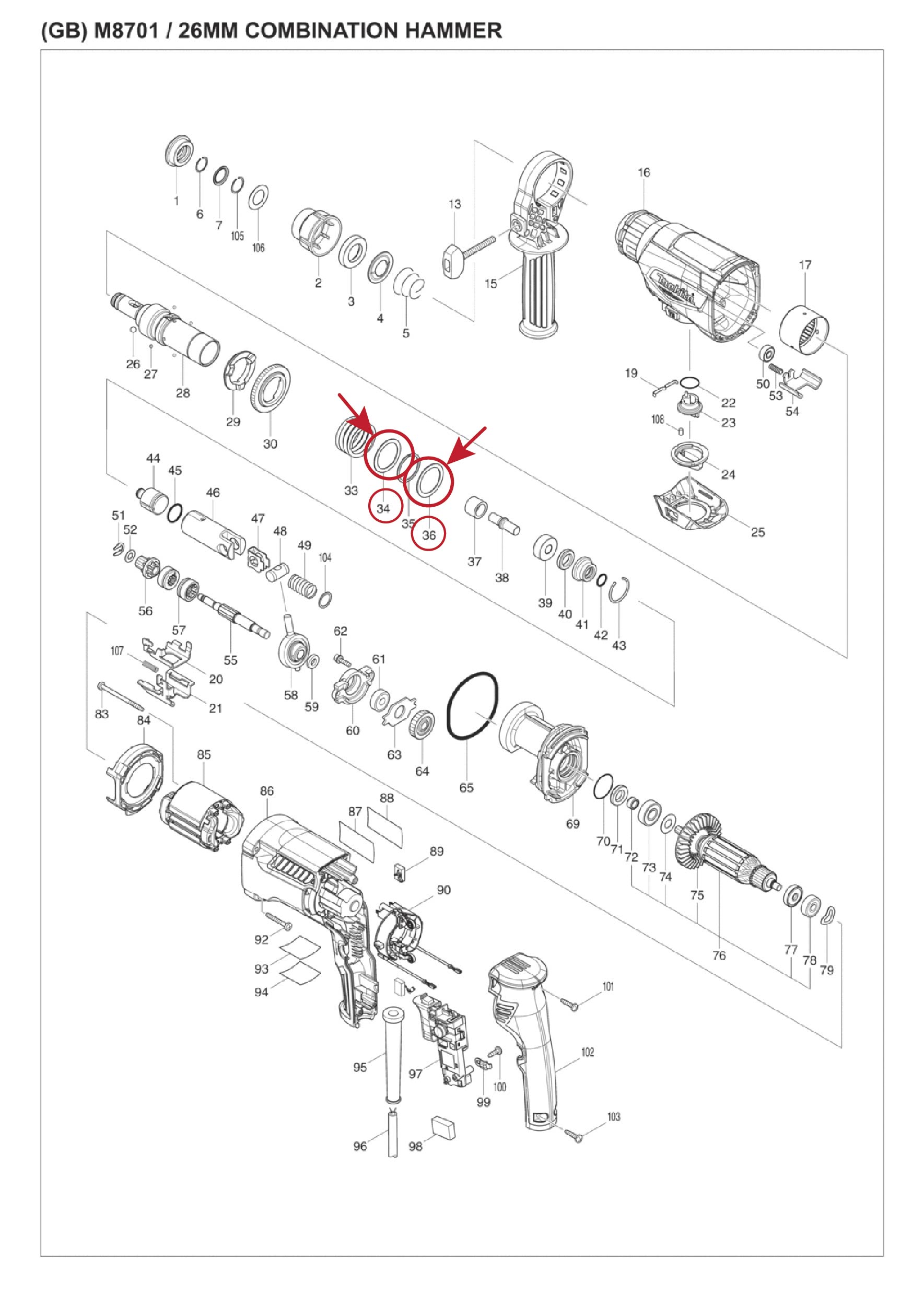 แหวนรองสปริงเพลาจับดอก (แท้) (267153-0) สว่านโรตารี่ Makita มากีต้า รุ่น M8701, B, HR2601, HR2631F - Maktec รุ่น MT870, MT871 (267153-0) (อะไหล่แท้100%) FLAT WASHER 30