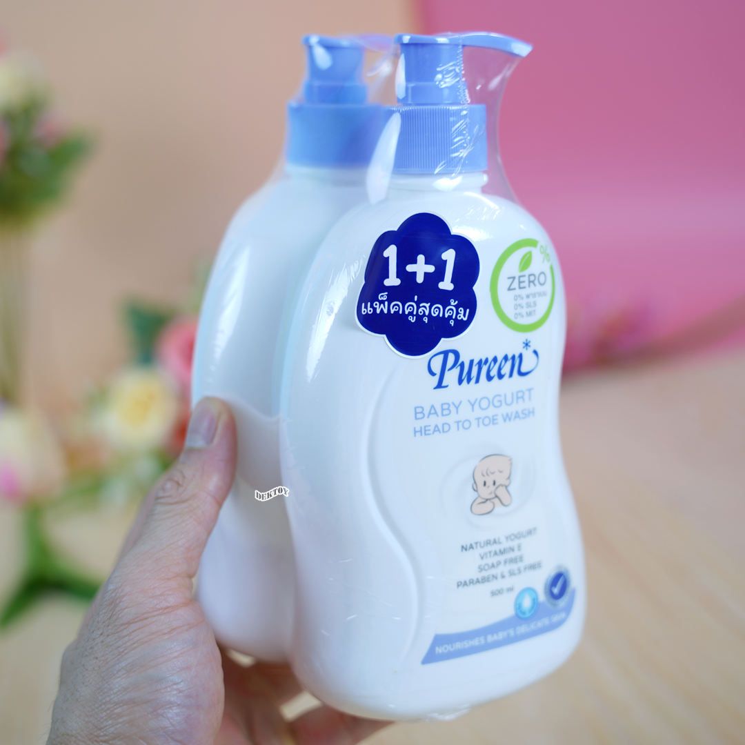1 ฟรี1 PUREEN เพียวรีน เบบี้ โยเกิร์ต เฮดทูโทวอช สบู่เหลวเพียวรีนอาบและสระ 500 มล.หัวปั๊ม