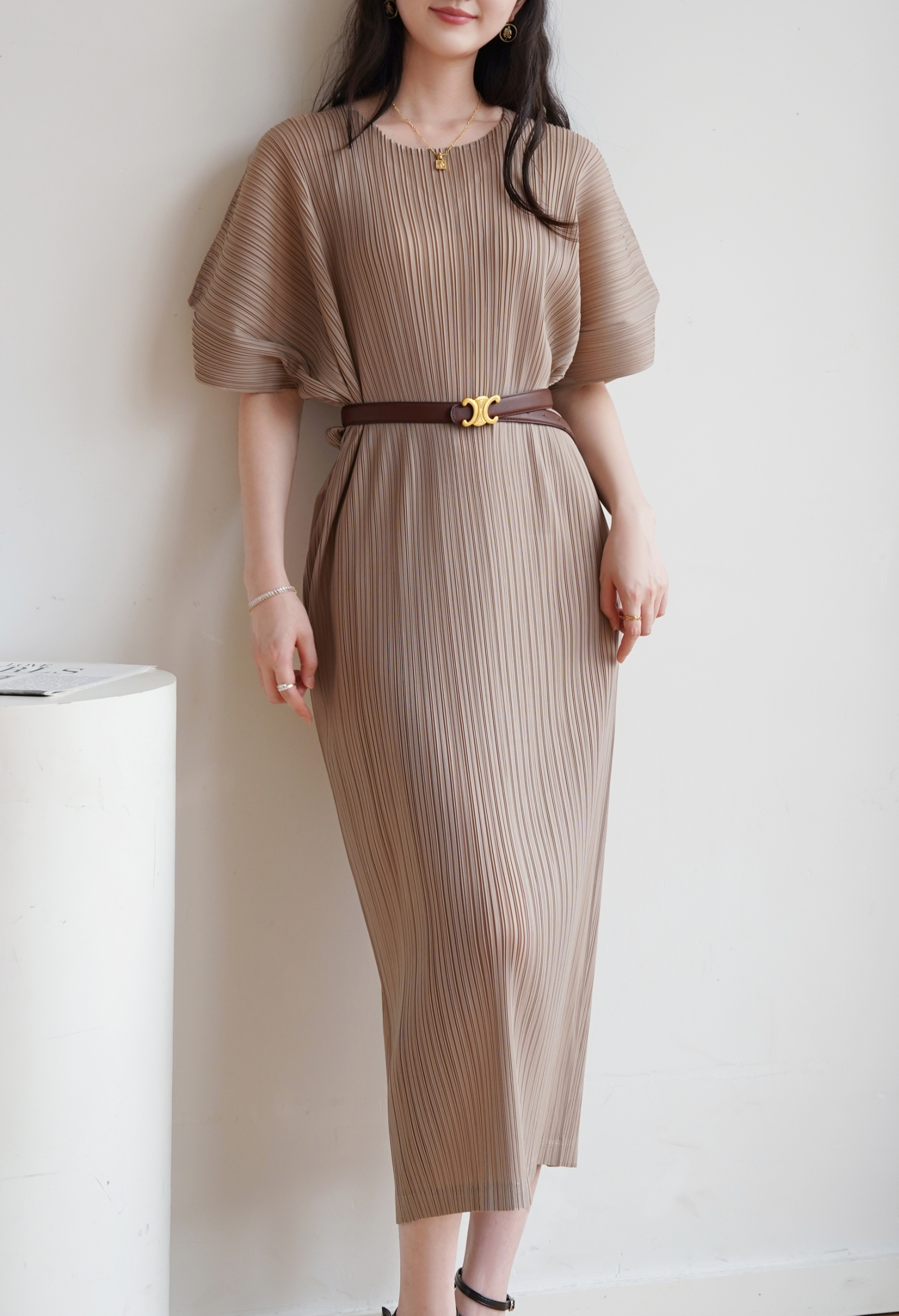 2MUAY รุ่น GJO1408 เดรสพลีทคุณภาพ SHORT SLEEVE V NECK PLEATED DRESS 10 สี FREE SIZE