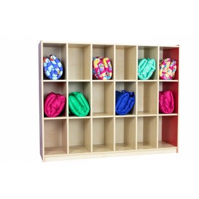 ชั้นเก็บกระเป๋าที่นอนเด็ก 18 ช่อง, ชั้นไม้, ตู้ไม้ เฟอร์นิเจอร์เด็ก, สำหรับโรงเรียน ศูนย์พัฒนาเด็กเล็ก