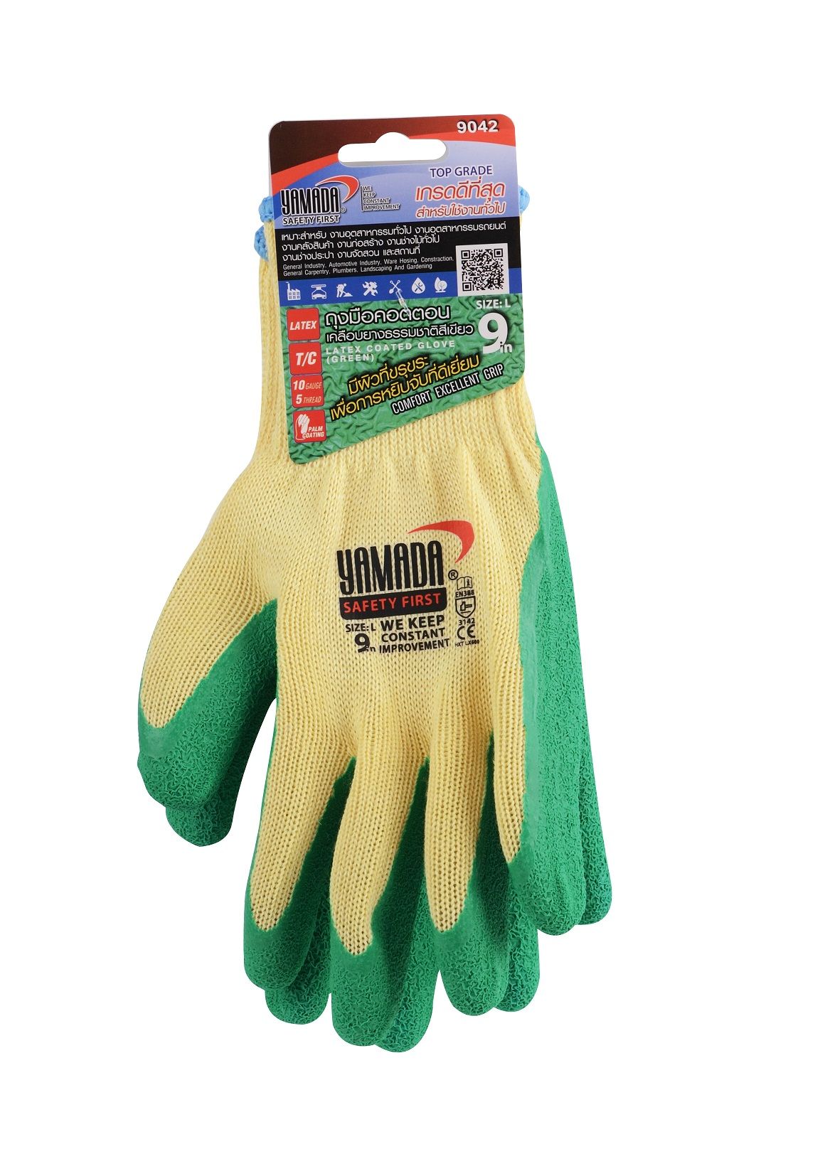 ถุงมือผ้าคอตตอน เคลือบยางสีเขียว 9" รุ่น 9042 YAMADA