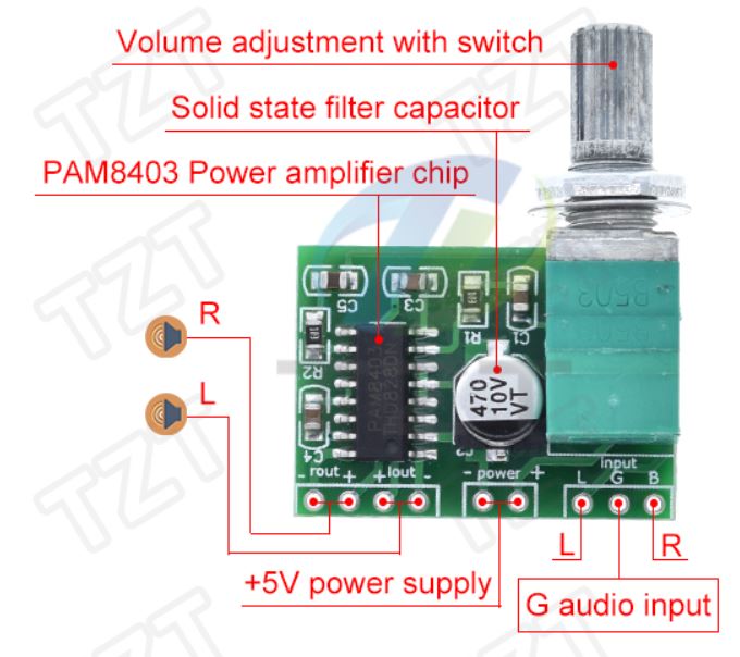 โมดูลขยายเสียง แบบสเตอริโอ 3W X 2 PAM8403 mini 5V digital small power amplifier board with switch potentiometer