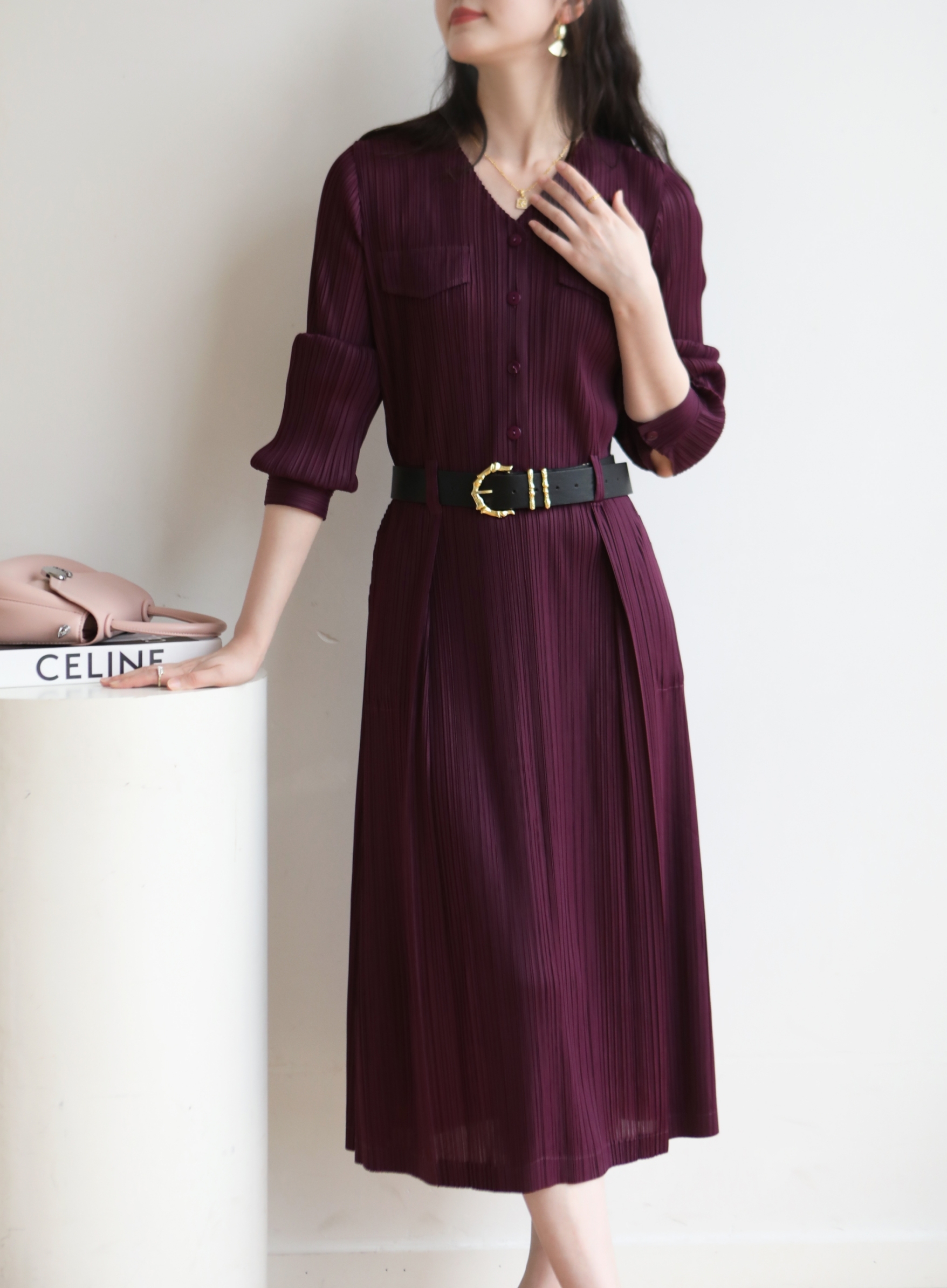 2MUAY รุ่น GJO1135 เดรสพลีทคุณภาพ V NECK LONG SLEEVE PLEATED DRESS 8 สี FREE SIZE