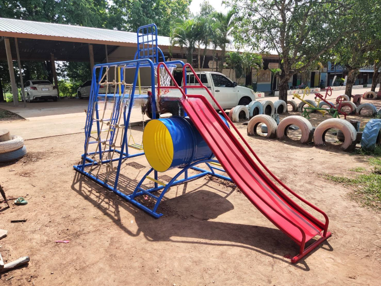 ชุดรวม H เครื่องเล่นสนามแบบเหล็ก ประกอบด้วยสไลเดอร์ชิงช้าปีนป่ายแป้นบาส (ถักเล็ก) , เครื่องเล่นสนามกลางแจ้ง , OutdoorPlayground,ผลิตเครื่องเล่นสนาม,เครื่องเล่นงบสพฐ.ประชารัฐ ราคาโรงงาน