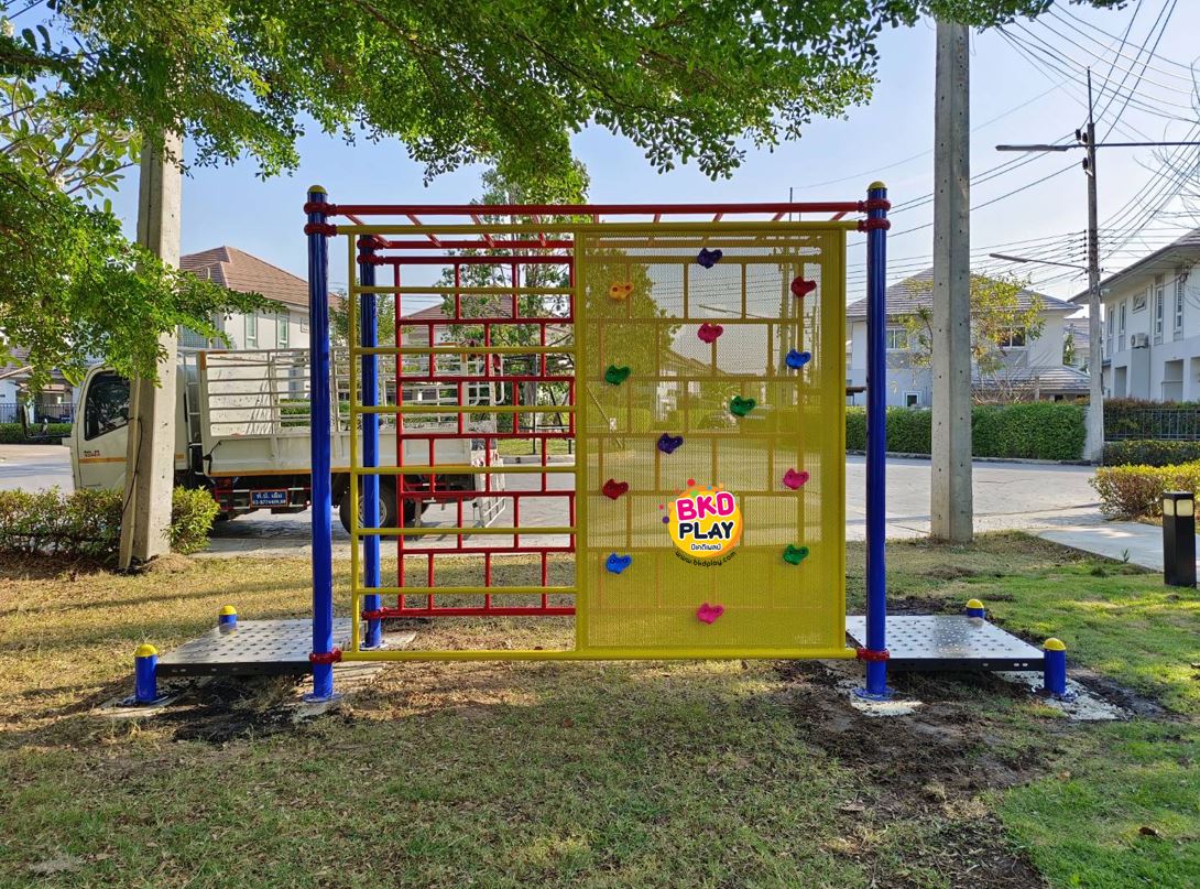 เครื่องเล่นสนามกลางแจ้ง เหล็กตั้งพื้น ชุดปีนป่ายหน้าผาจำลอง ปีนป่ายกำแพง, OutdoorPlayground, บาร์โหนอนุบาล-ประถม ขนาด 80x360x200 ซม.