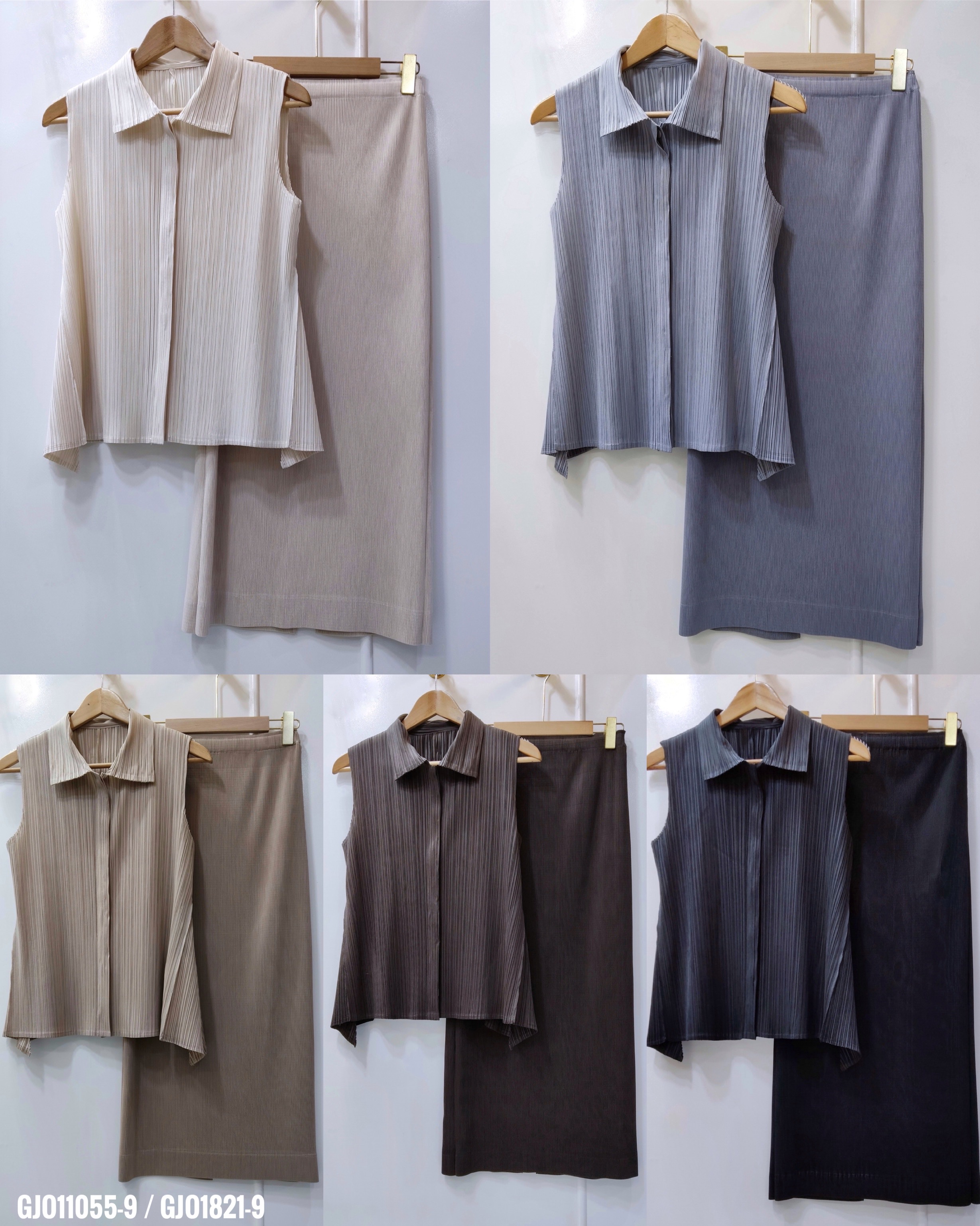 2MUAY รุ่น GJO11055-9 / GJO1821-9 เซ็ตพลีท COLLAR BUTTON FRONT TOP WITH SKIRT PLEATED SET 5 สี FREE SIZE