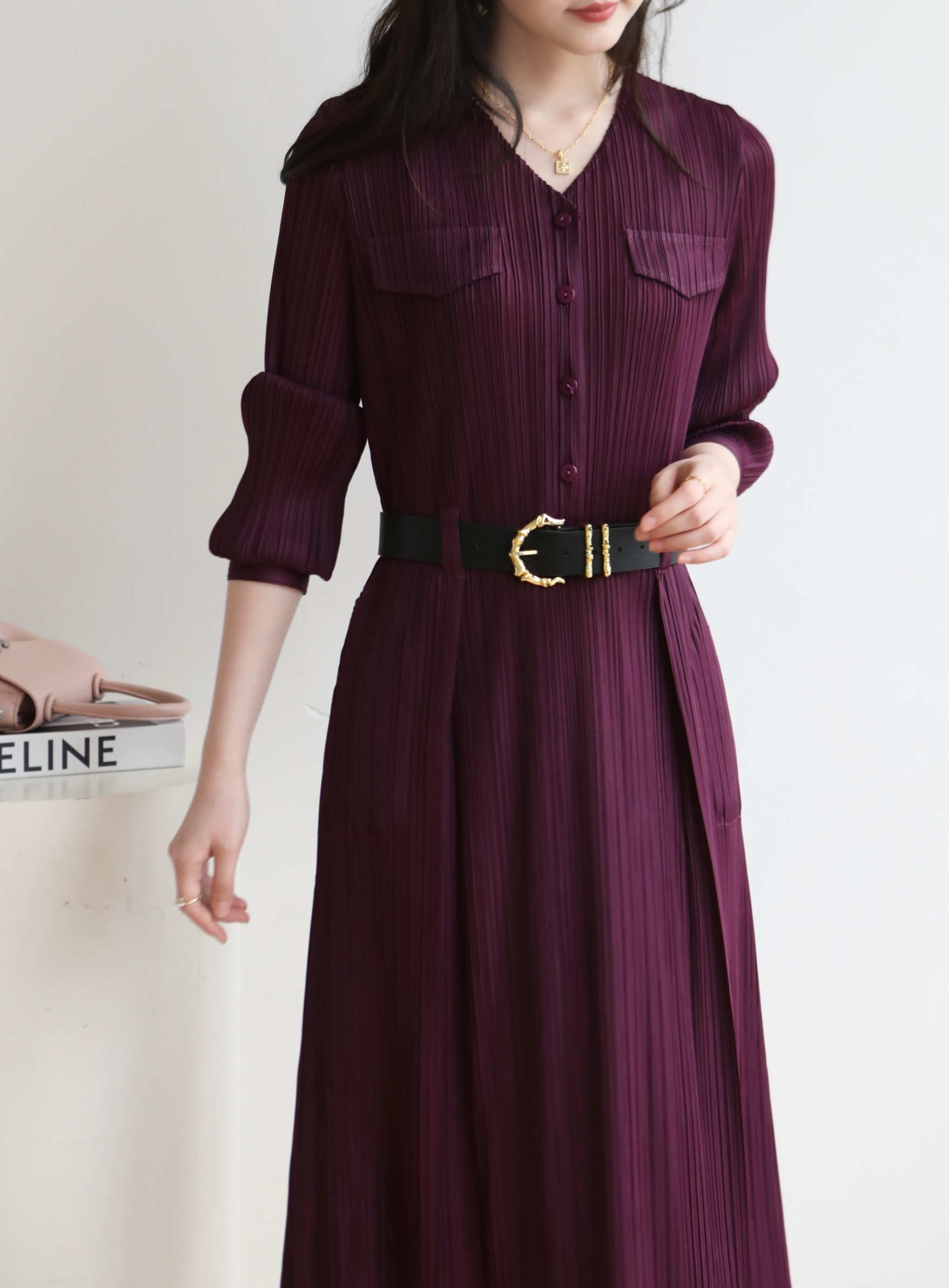 2MUAY รุ่น GJO1135 เดรสพลีทคุณภาพ V NECK LONG SLEEVE PLEATED DRESS 8 สี FREE SIZE