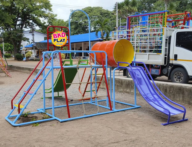 เครื่องเล่นสนามชุดรวมD ประกอบด้วยสไลเดอร์ปีนป่ายแป้นบาสและถังลอด, เครื่องเล่นสนามกลางแจ้ง , เครื่องเล่นสนามเหล็ก, ของเล่น, OutdoorPlayground,สนามเด็กเล่น,เครื่องเล่นงบสพฐ.ประชารัฐ ราคาโรงงาน