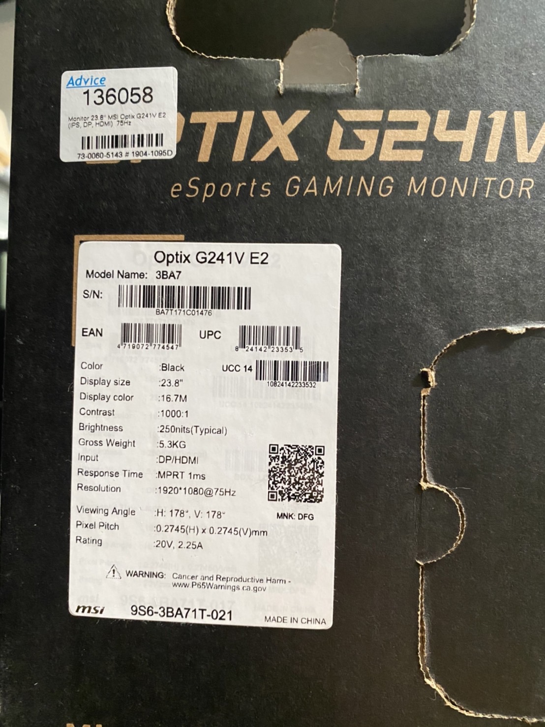 MONITOR (จอมอนิเตอร์) MSI OPTIX G241V 23.8" IPS 75Hz