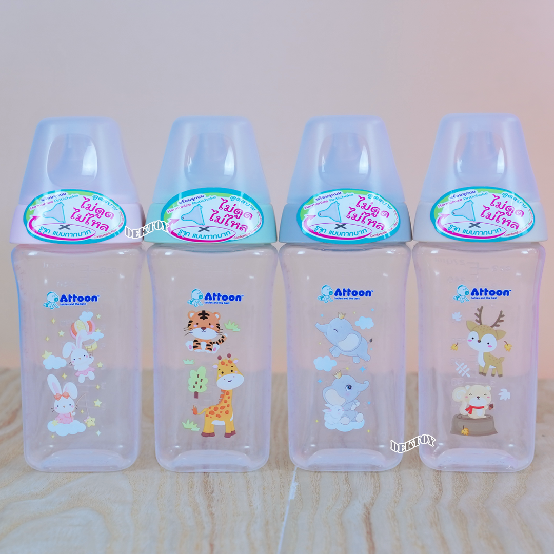 ขวดนมแอทตูน PP คอกว้าง ขนาด 5 และ 9 ออนซ์ มาพร้อมกับจุก หนา นุ่ม ไม่ดูดไม่ไหล