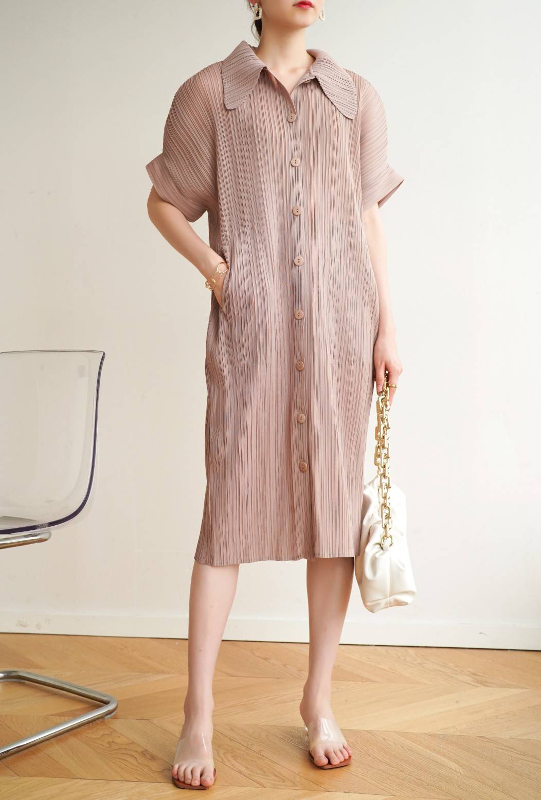 2MUAY รุ่น GJO2087 COLLAR BUTTON FRONT PLEAT DRESS เดรสอัดพลีทงานคุณภาพ 9สี FREE SIZE