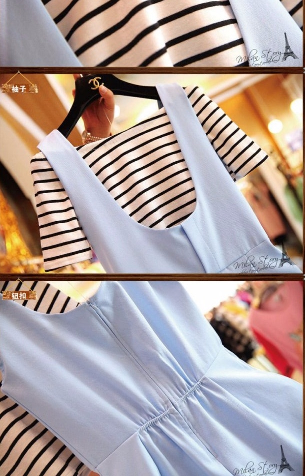 เสื้อลายริ้ว ผ้านิ่มยืดหยุ่น เนื้อลื่นๆ ชุดเอี๊ยมผ้าไม่ยืด มีซิปด้านหลัง