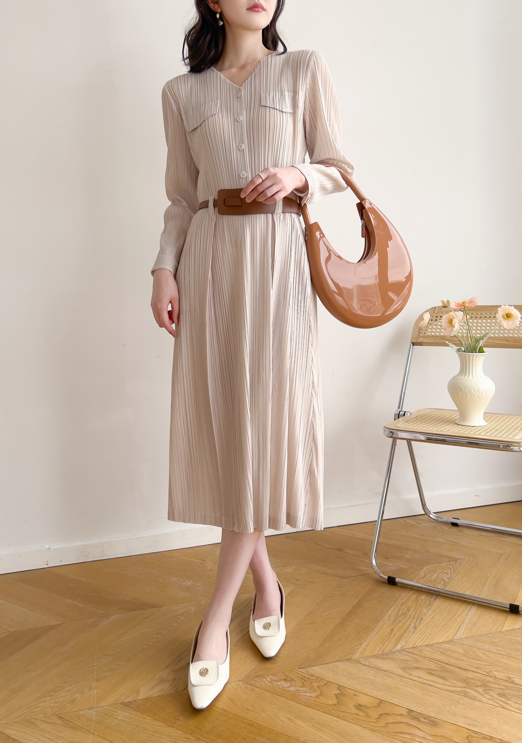 2MUAY รุ่น GJO1135 เดรสพลีทคุณภาพ V NECK LONG SLEEVE PLEATED DRESS 8 สี FREE SIZE