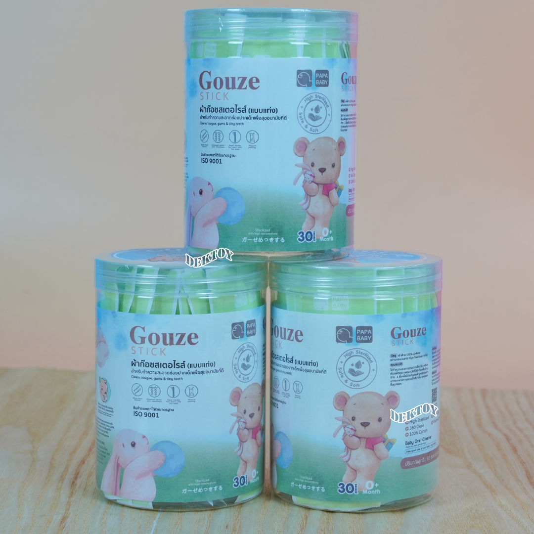 Papa baby ผ้าก๊อซเช็ดลิ้นทารก ผ้าก๊อซพันไม้สเตอไรส์ หัวแบน (1กระปุก บรรจุ 30 ชิ้น)