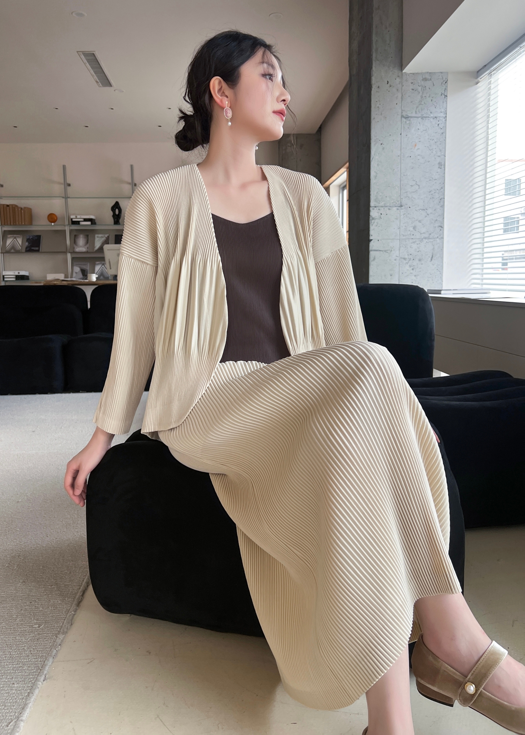 เซ็ต 2ชิ้น! 2MUAY รุ่น GJO5160 / GJO1328 เซ็ตพลีท THICK OPEN FRONT CARDIGAN WITH SKIRT PLEATED SET 12 สี FREE SIZE